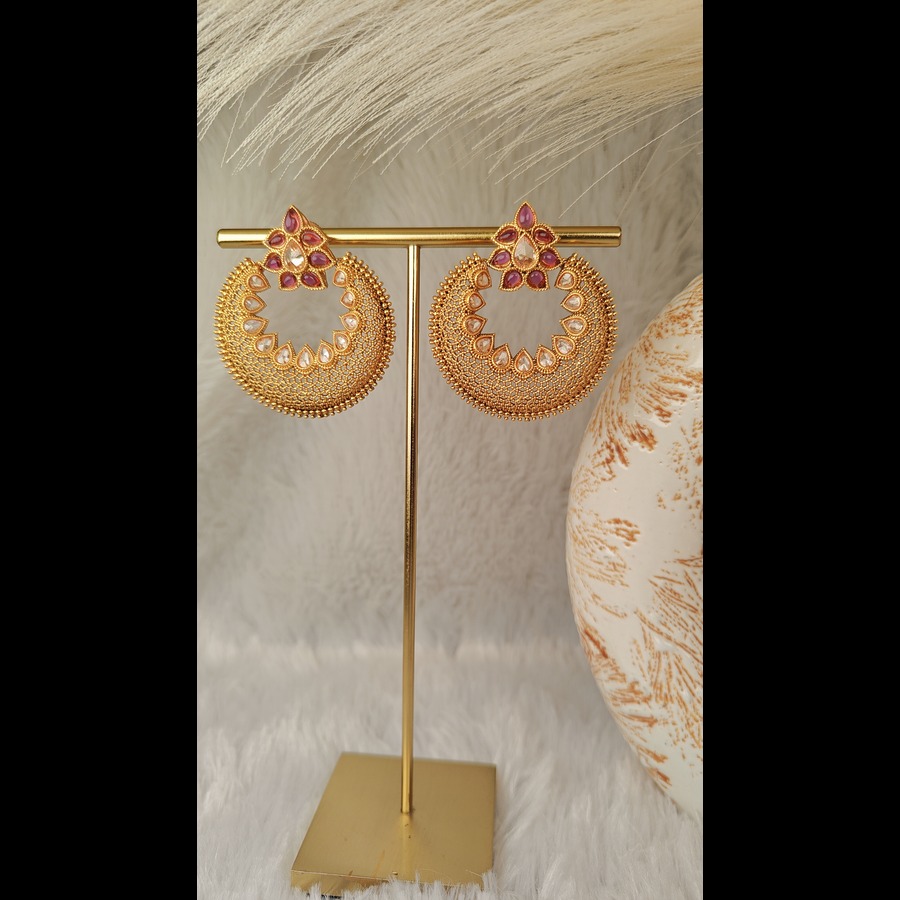 Antique Gold Plated Round Earrings with Ruby Pink Stones