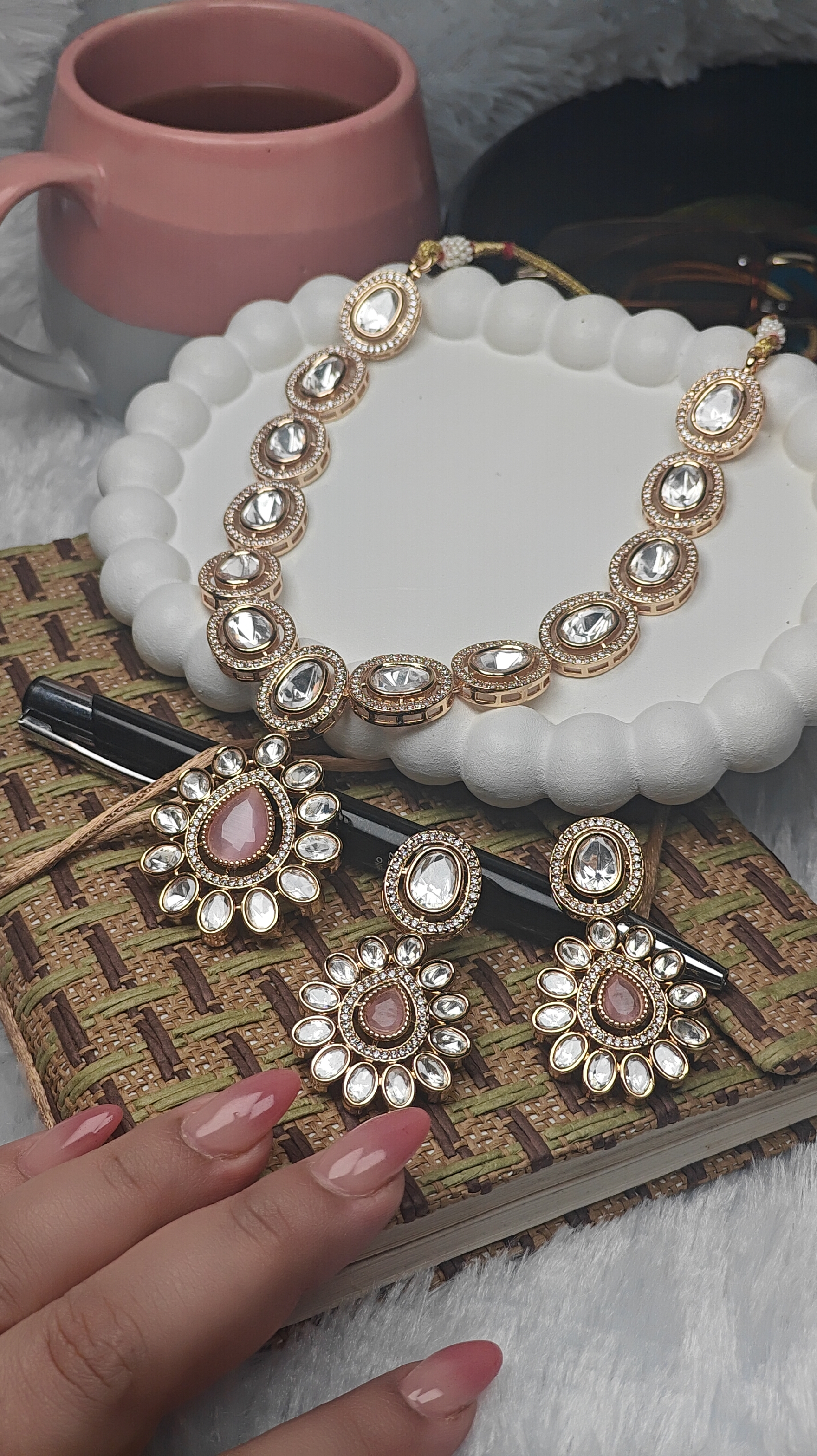 Royal Polki Kundan Necklace Set with Pink Centerstones
