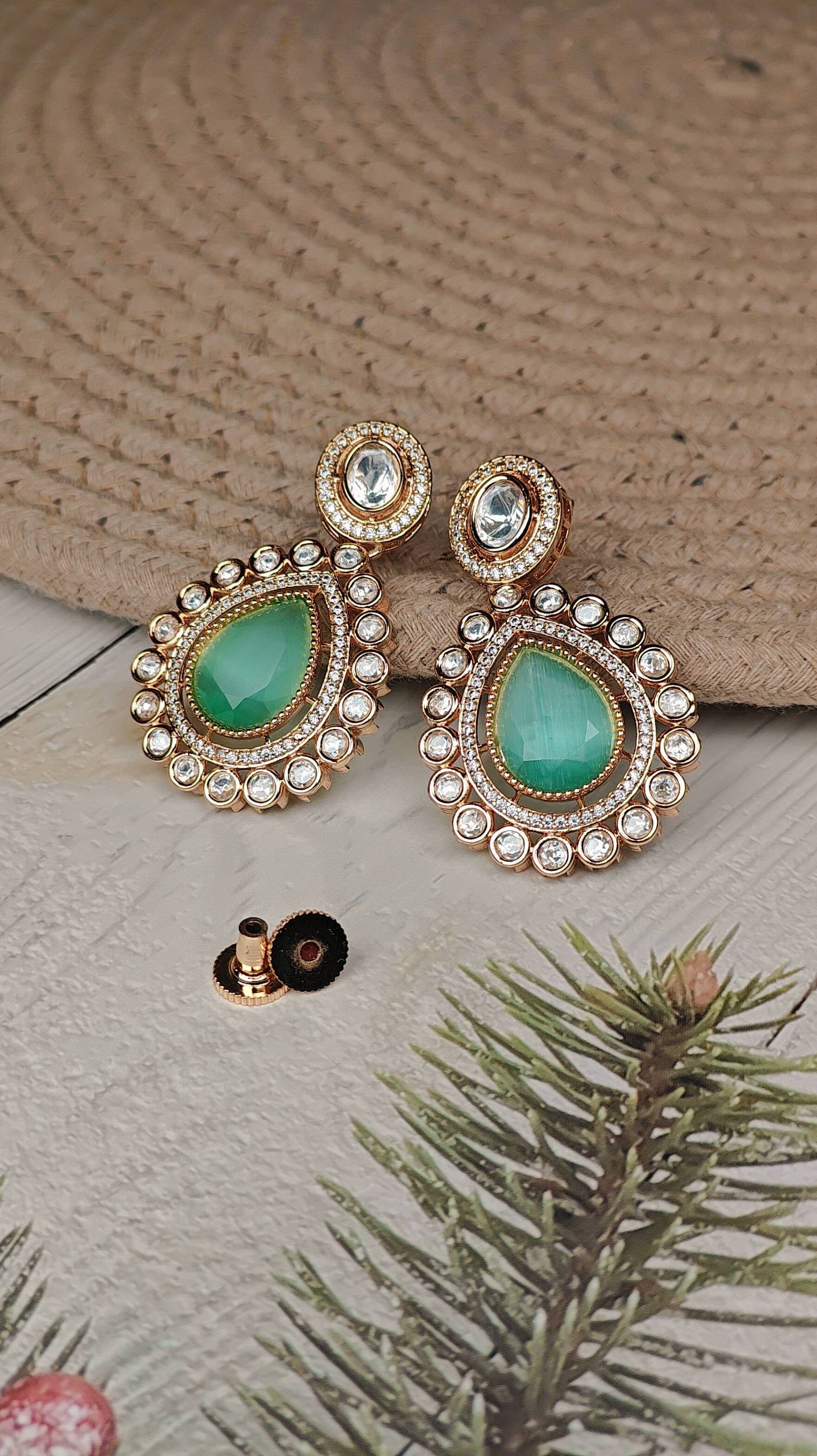 Emerald Drop Kundan Earrings