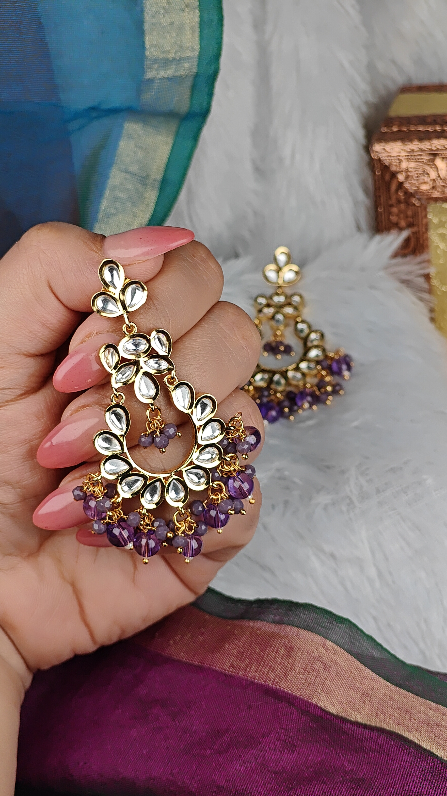 Royal Kundan Chandbali Earrings with Amethyst Beads