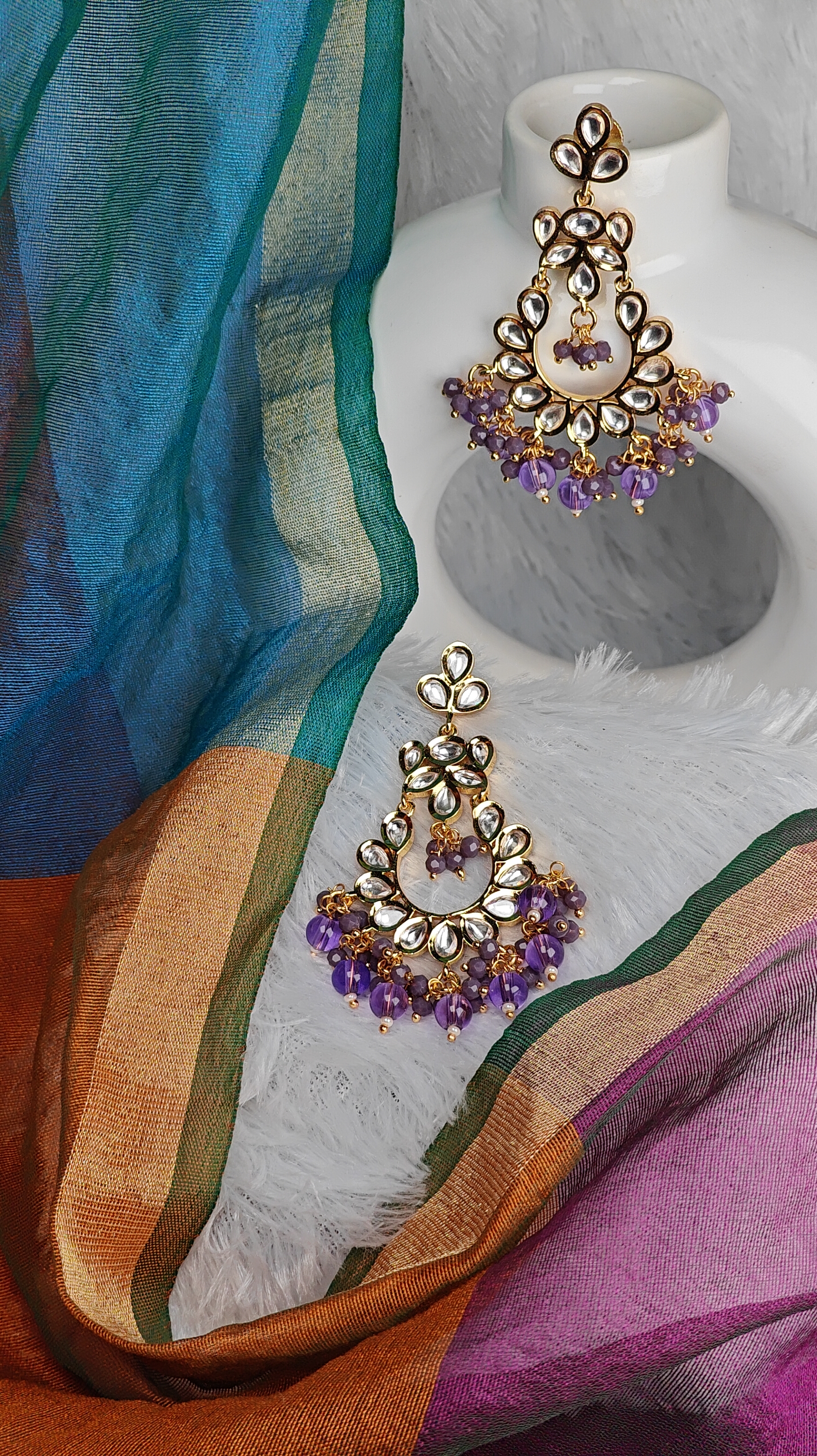 Royal Kundan Chandbali Earrings with Amethyst Beads