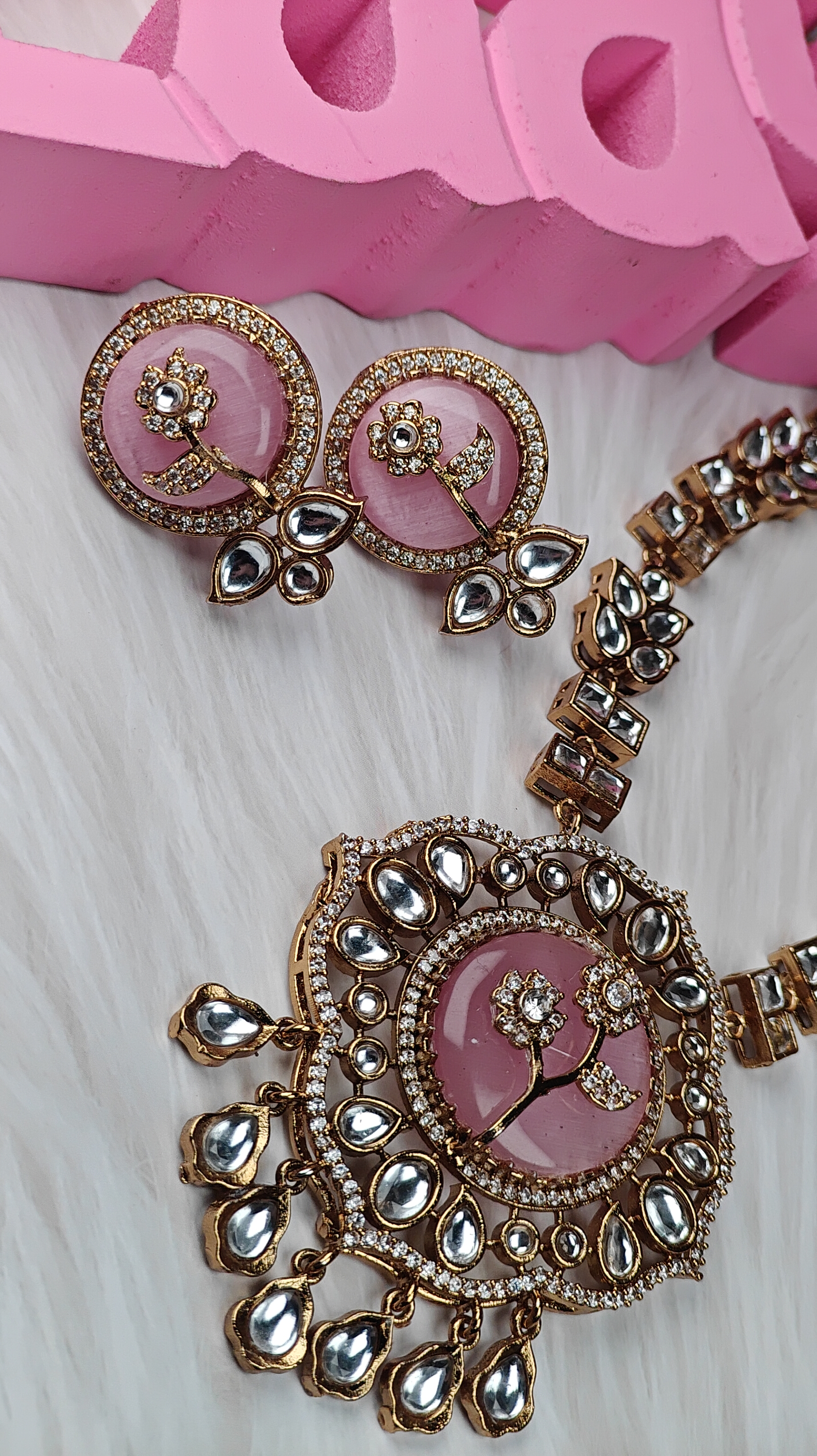 Blush Bloom Kundan Necklace Set with Handcrafted Floral Center