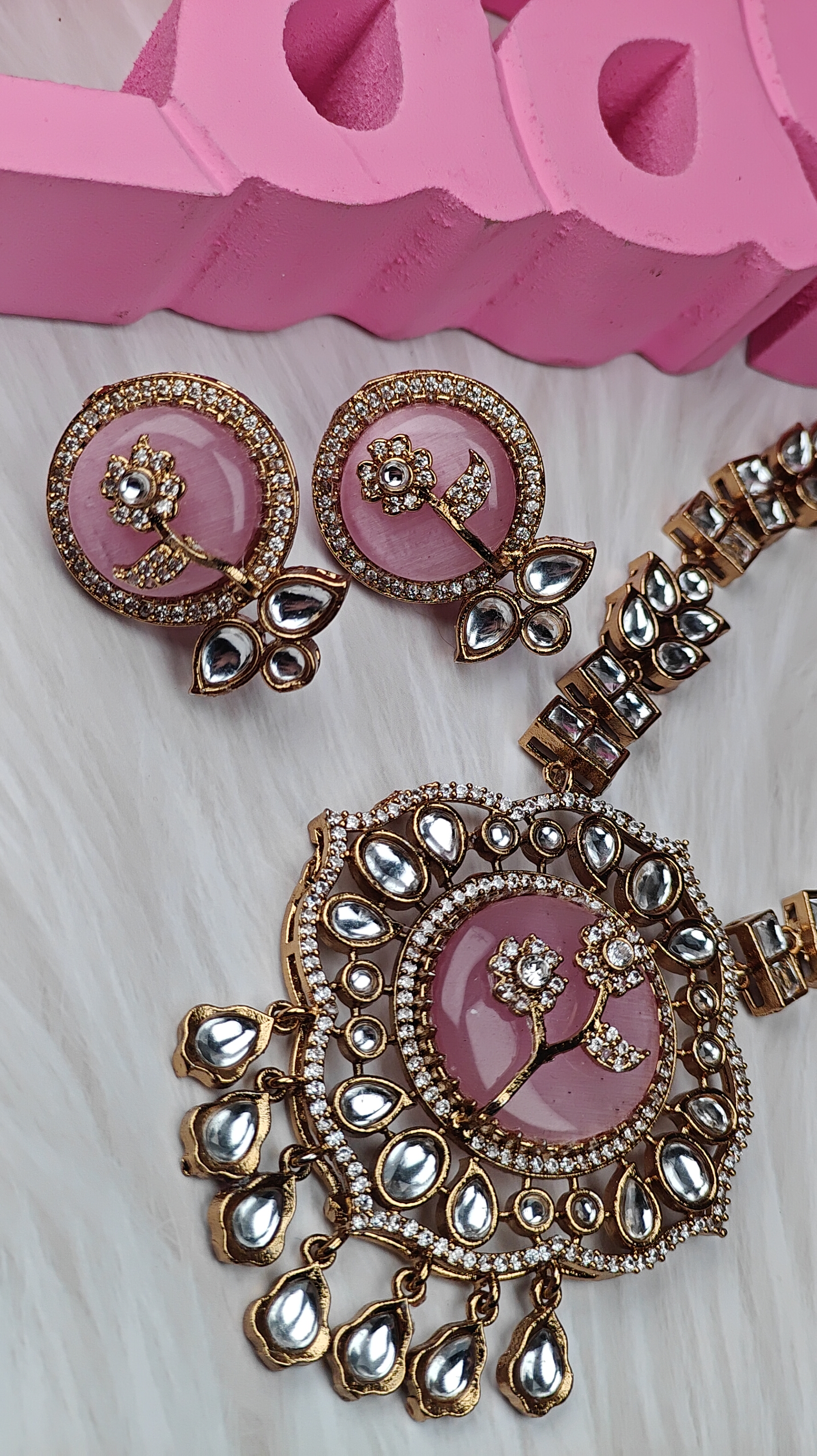 Blush Bloom Kundan Necklace Set with Handcrafted Floral Center