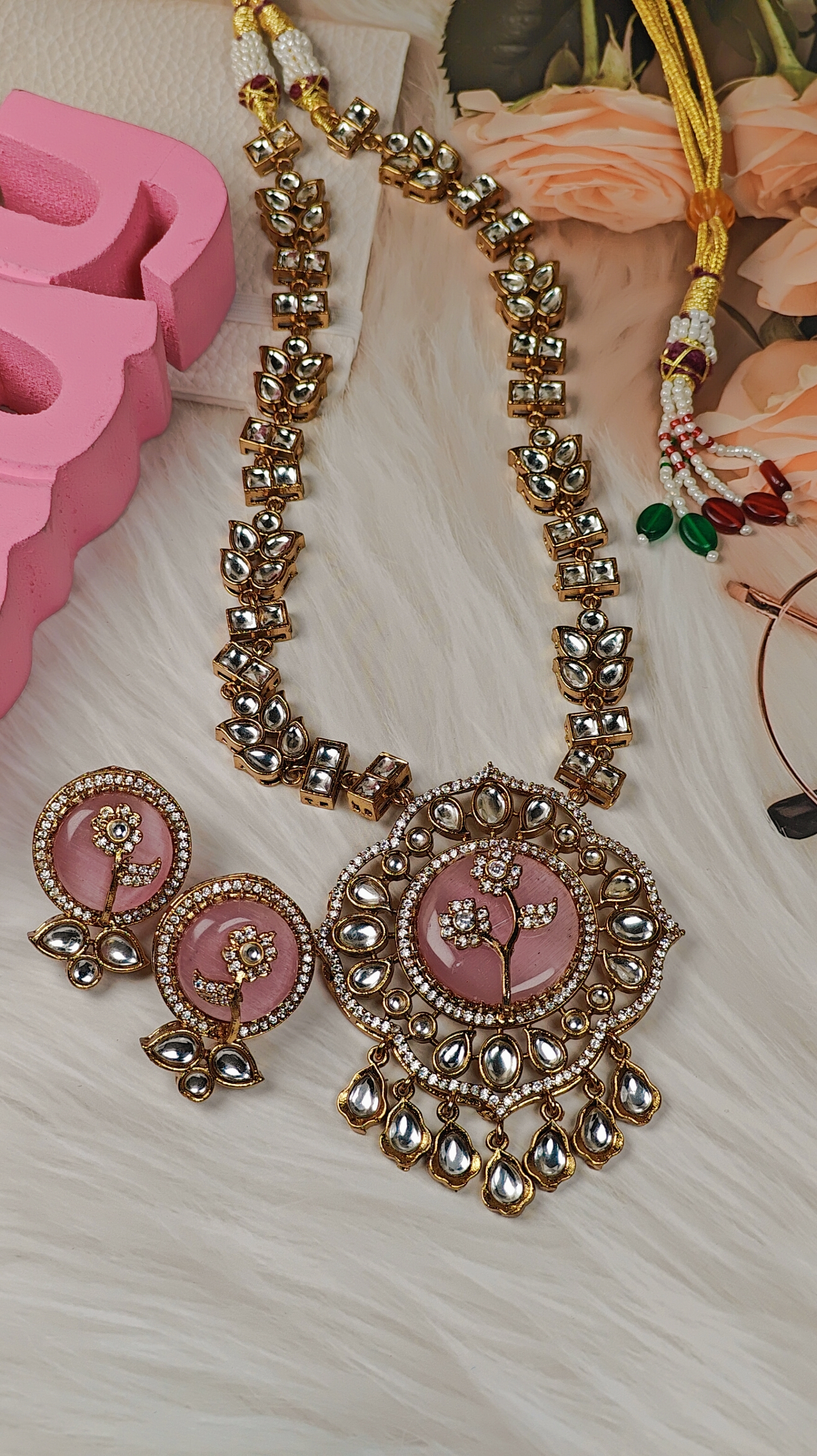 Blush Bloom Kundan Necklace Set with Handcrafted Floral Center