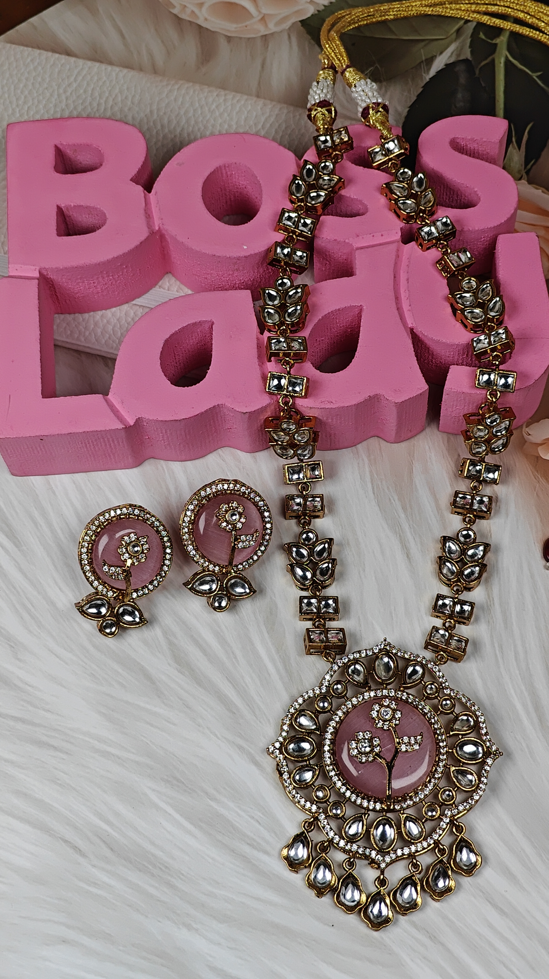 Blush Bloom Kundan Necklace Set with Handcrafted Floral Center