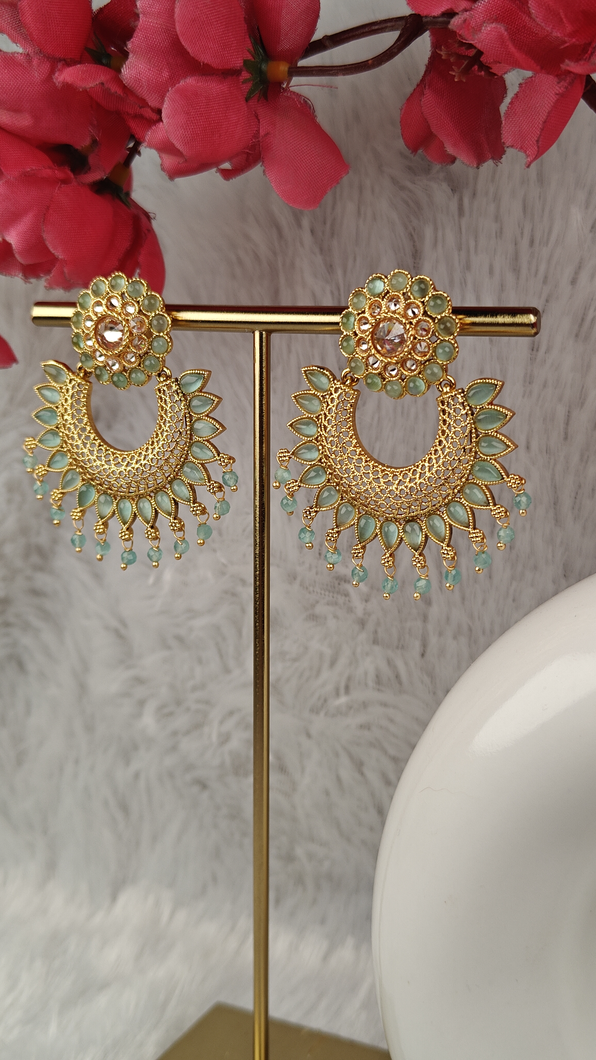 Mint Green Meenakari Chandbali Earrings