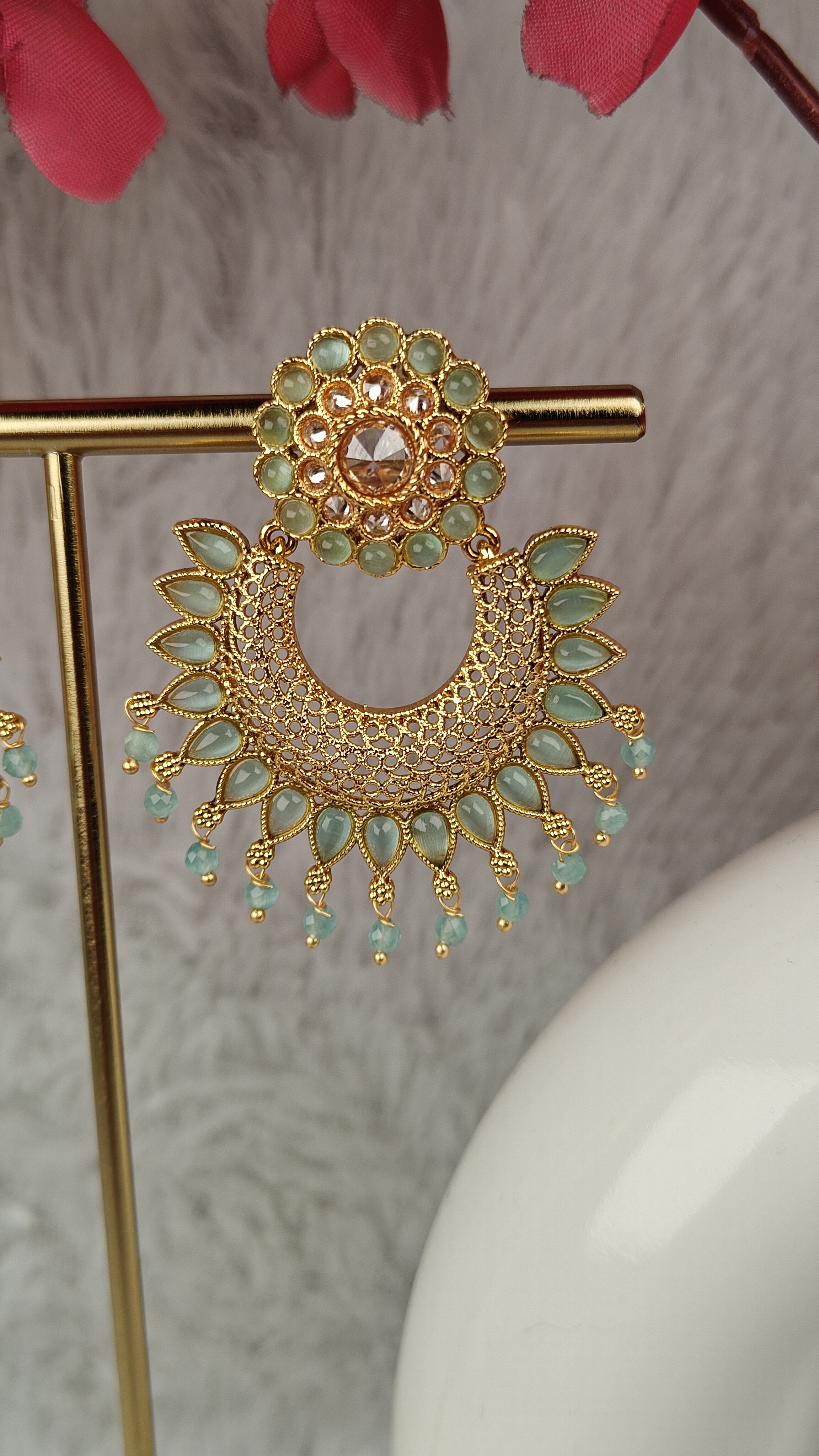 Mint Green Meenakari Chandbali Earrings