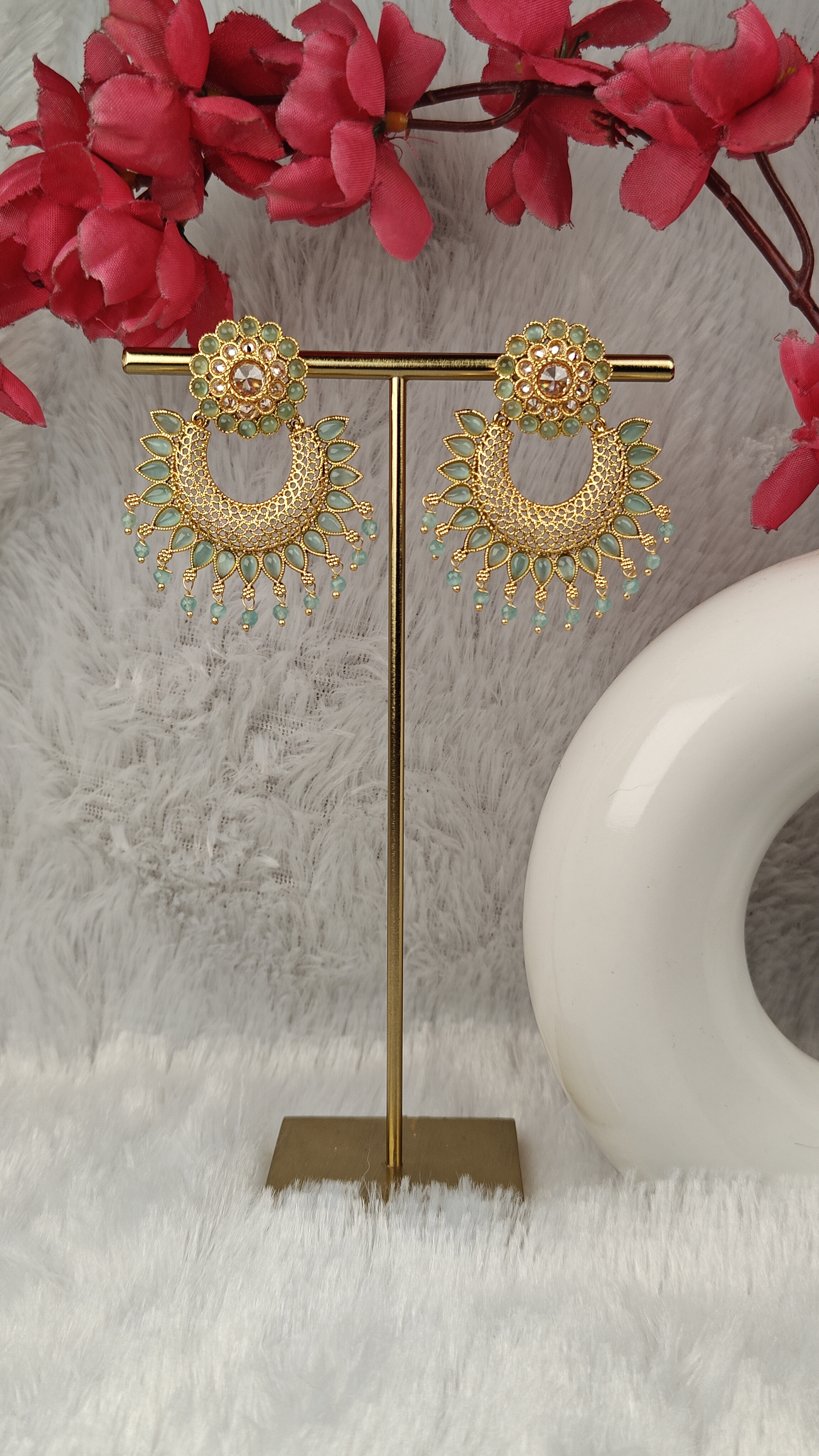 Mint Green Meenakari Chandbali Earrings