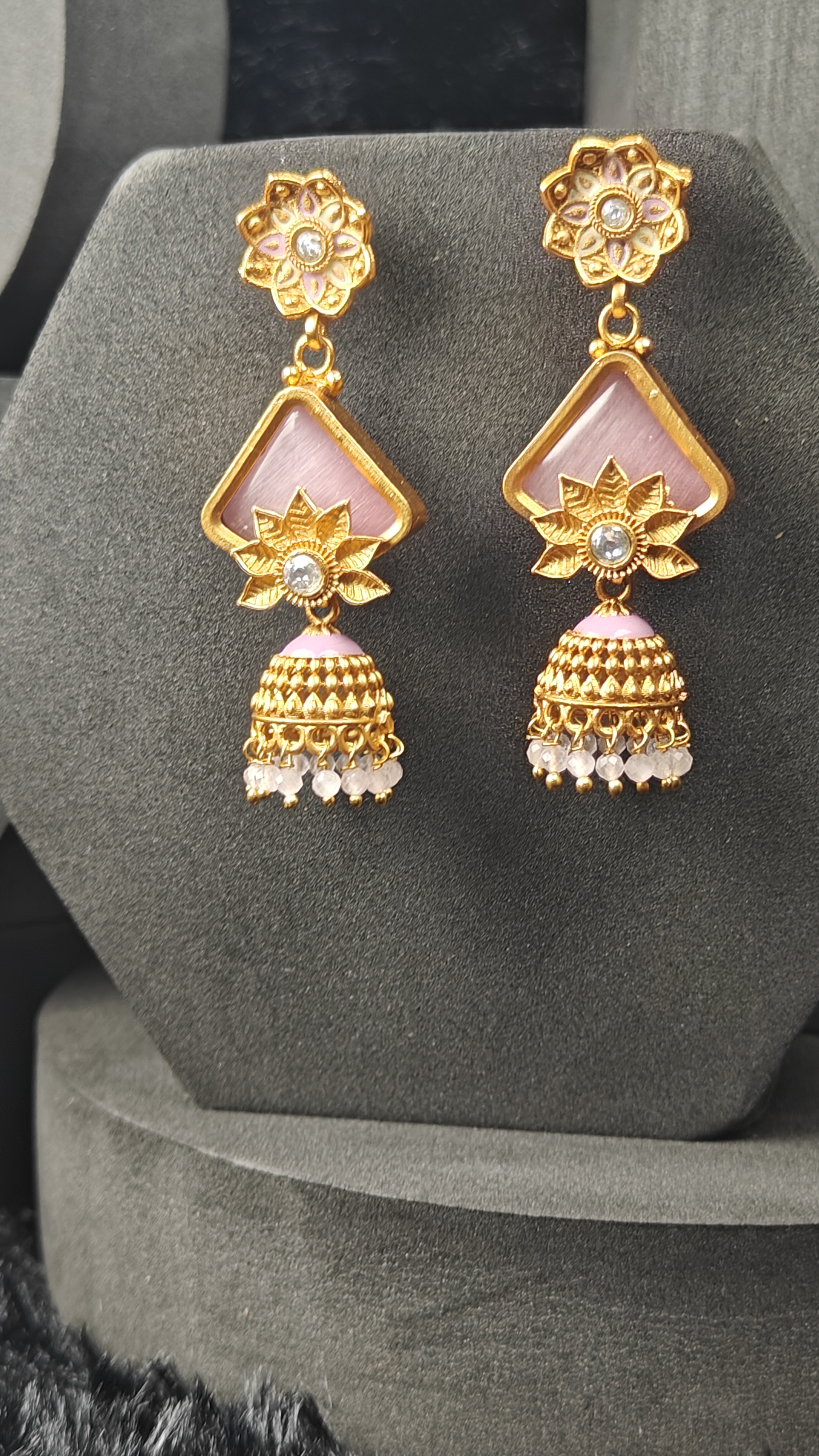 Pastel Pink Floral Drop Jhumka Earrings