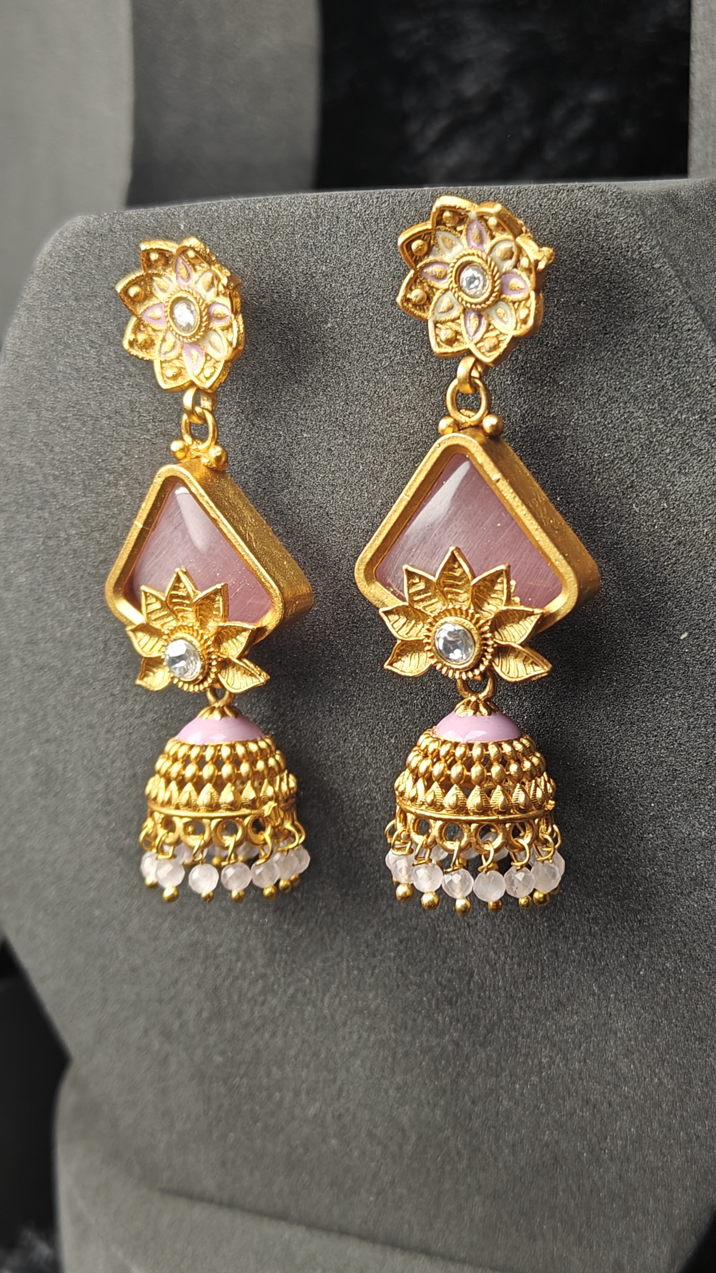 Pastel Pink Floral Drop Jhumka Earrings