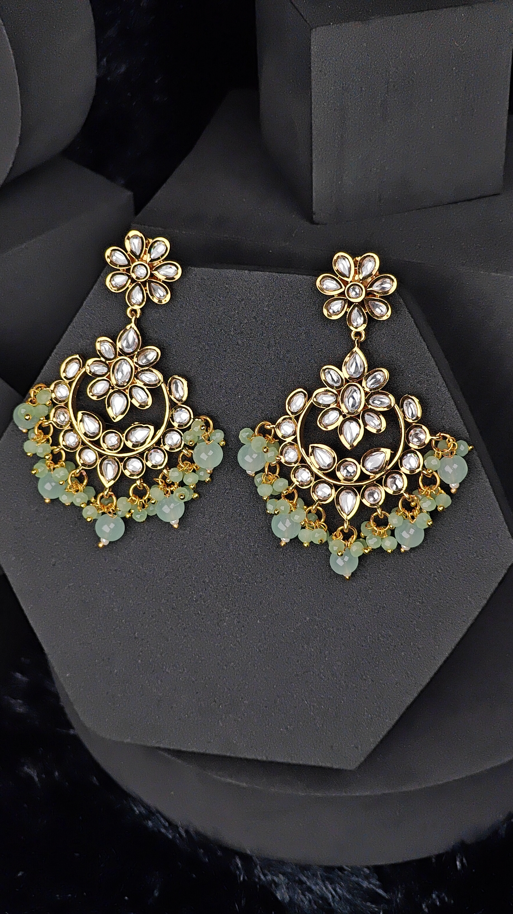 Mint Green Kundan Floral Chandbali Earrings
