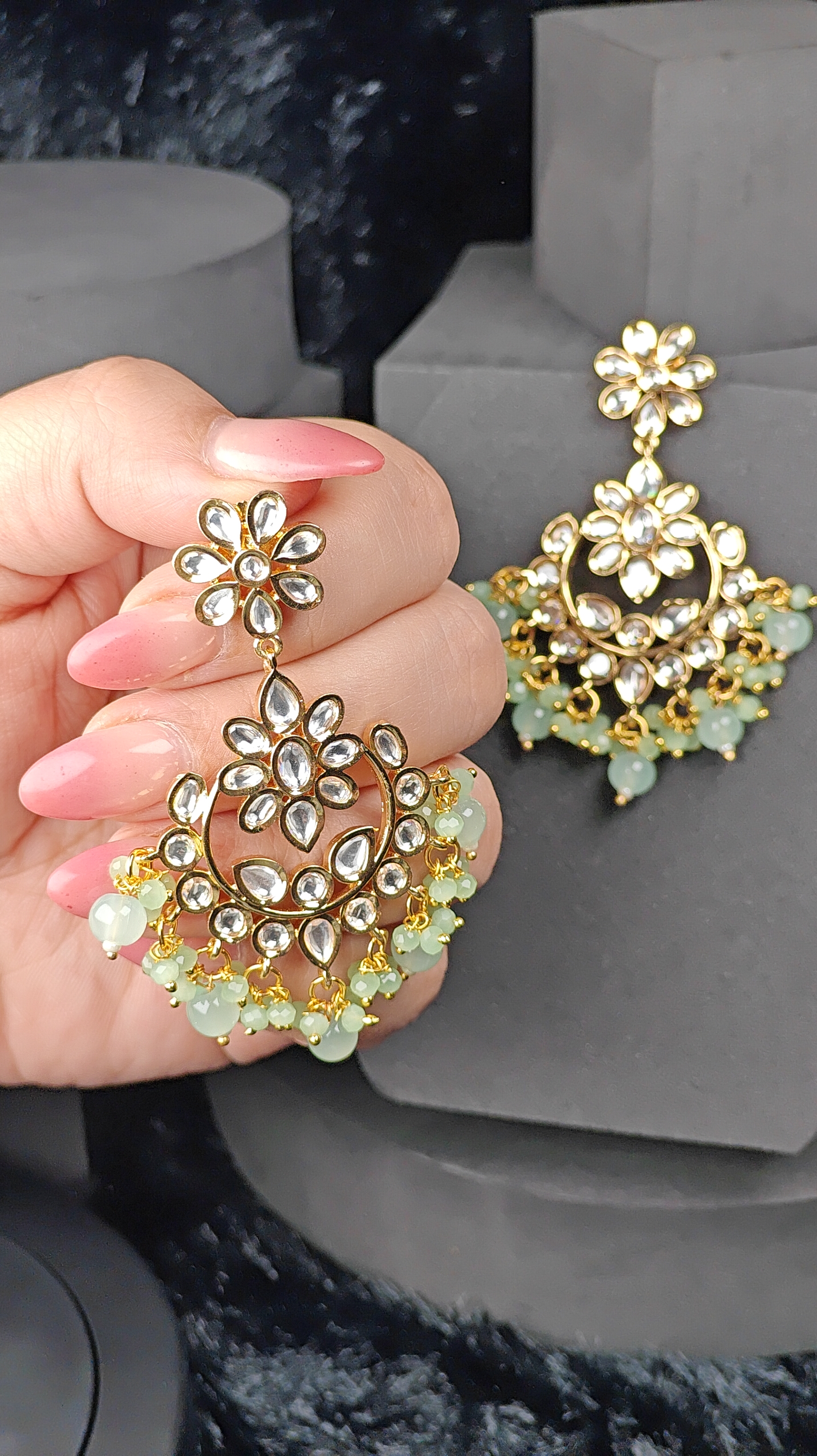 Mint Green Kundan Floral Chandbali Earrings