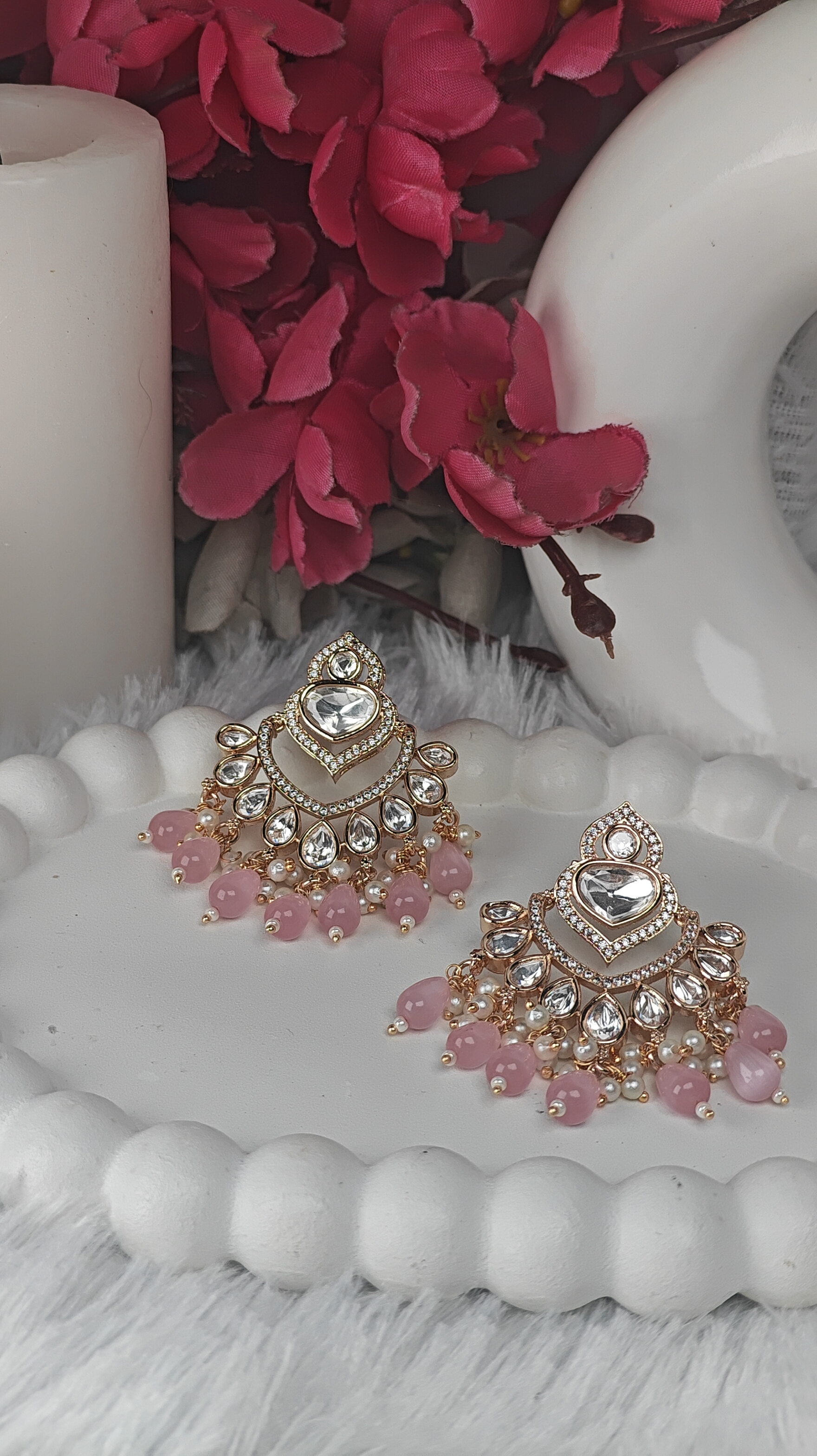 Blush Pink Mirror Chandbali Earrings with Kundan Detailing