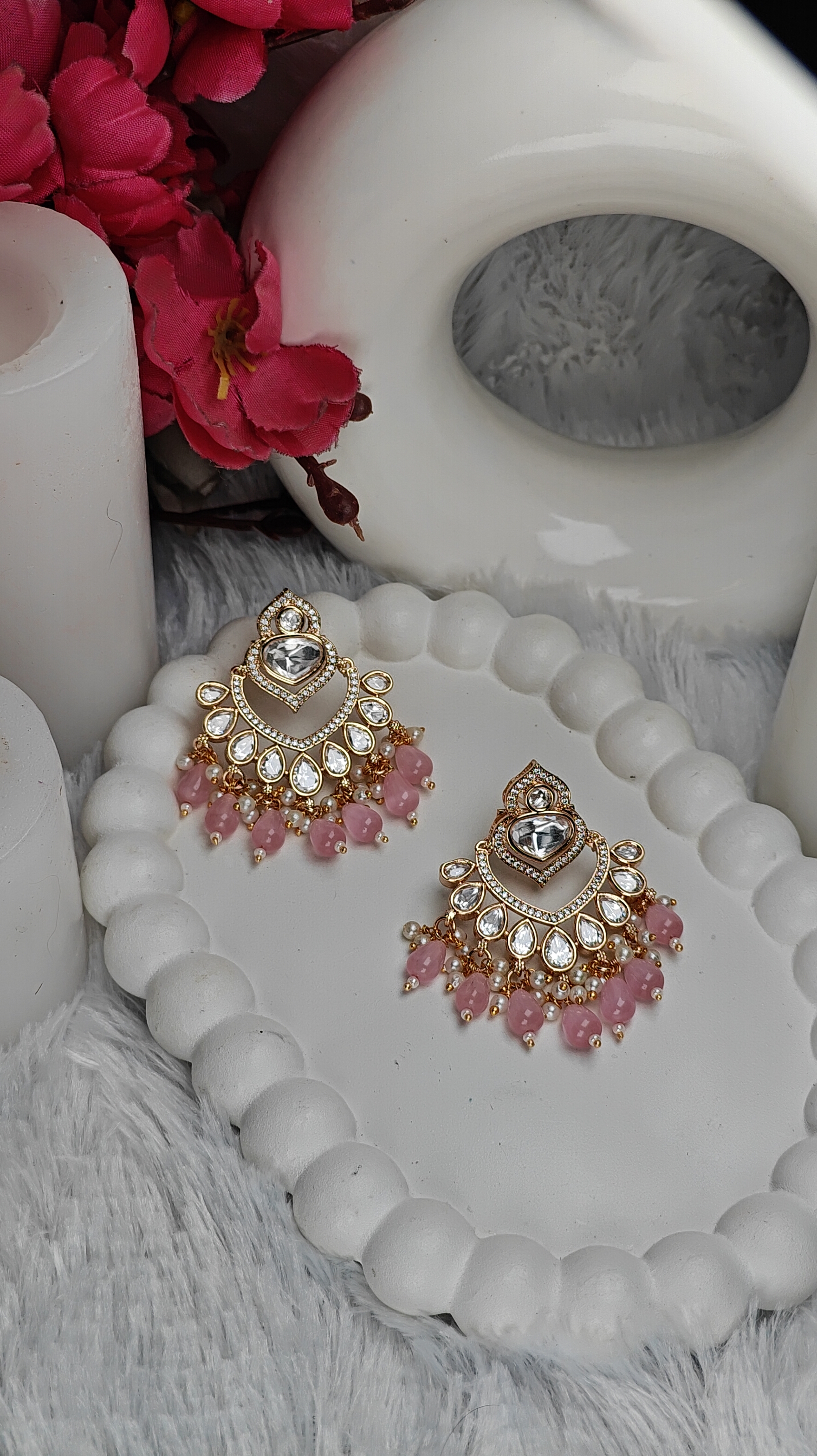 Blush Pink Mirror Chandbali Earrings with Kundan Detailing