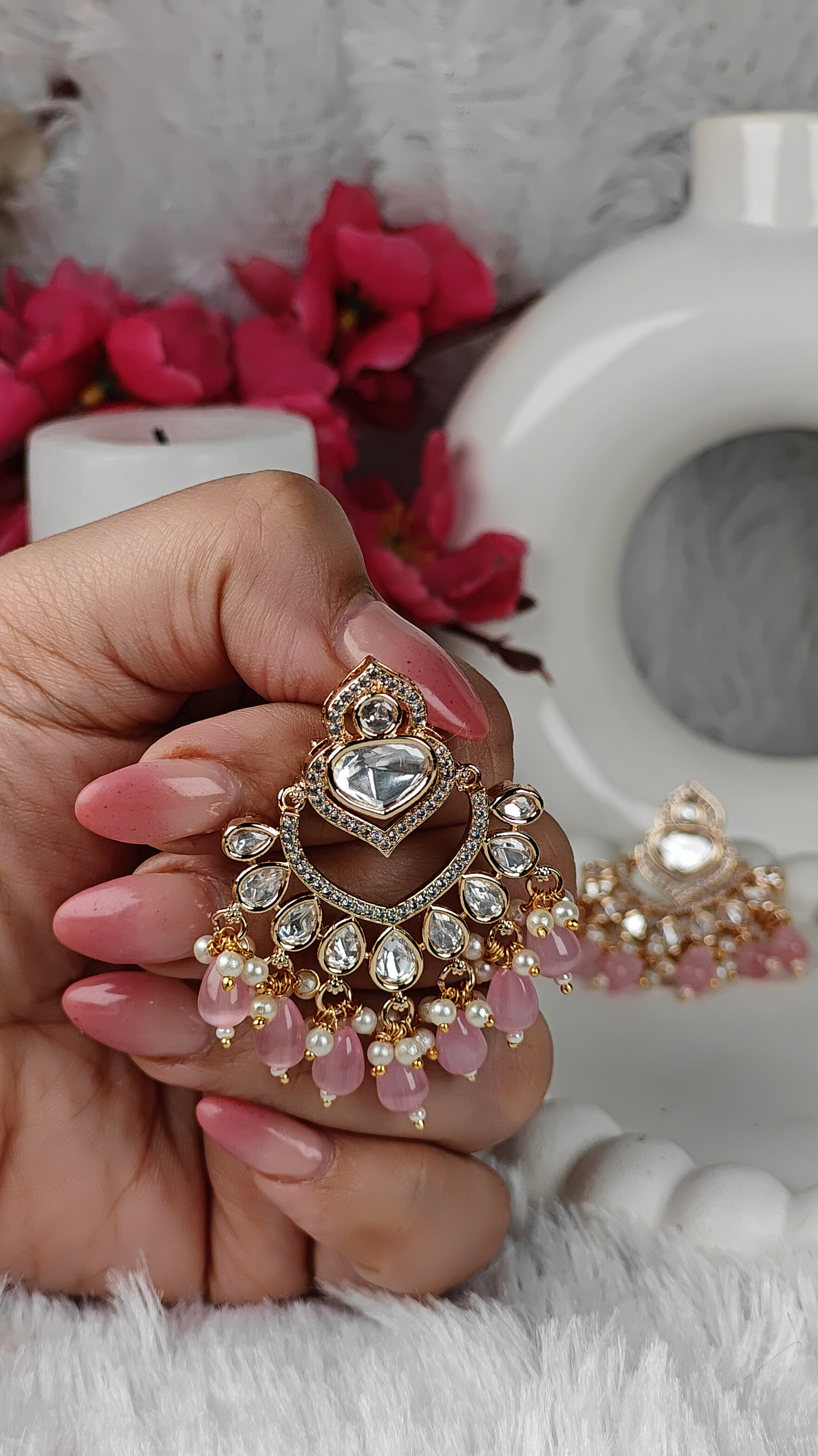 Blush Pink Mirror Chandbali Earrings with Kundan Detailing