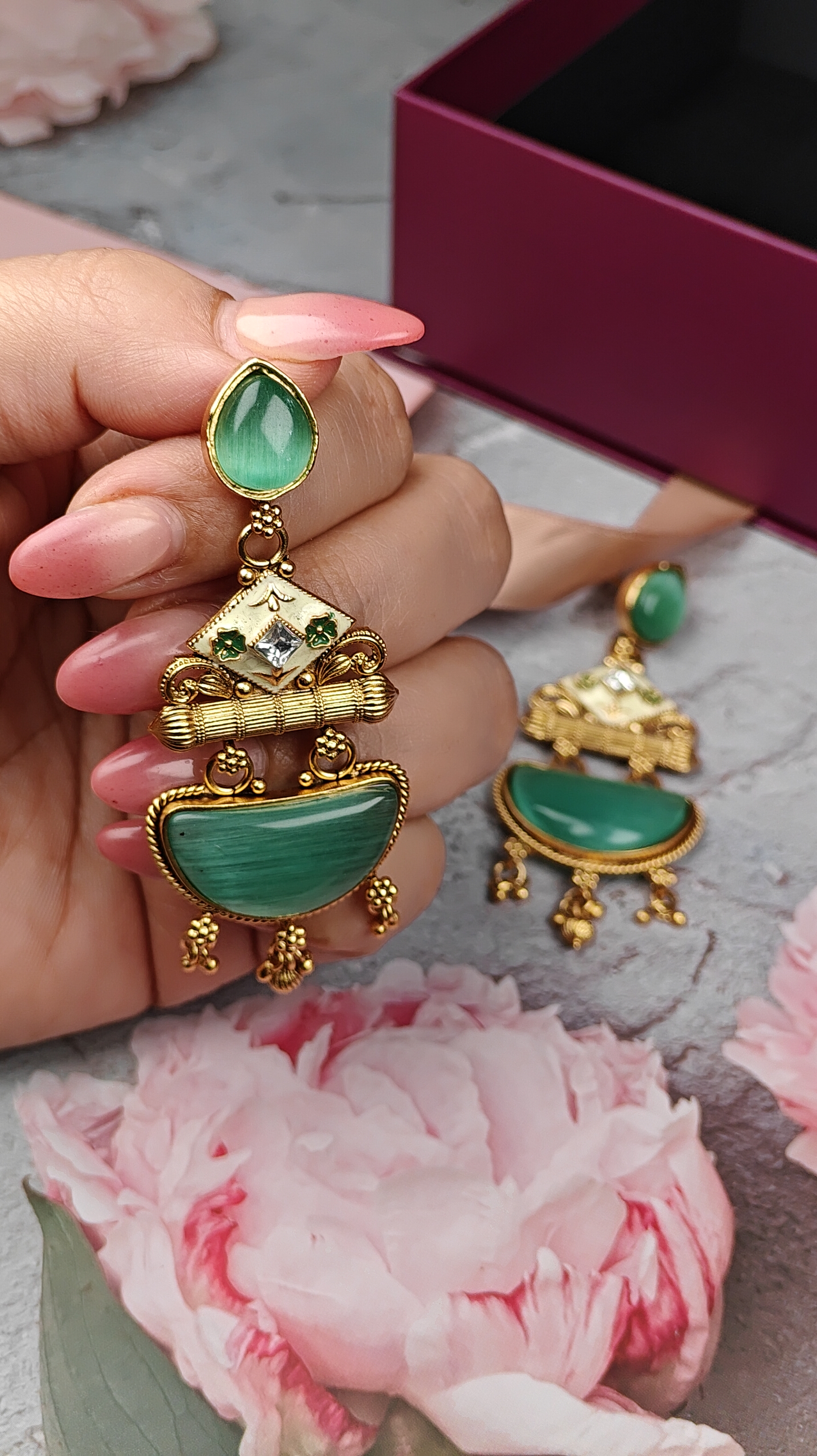 Royal Enamel Meenakari Drop Earrings in Emerald Green