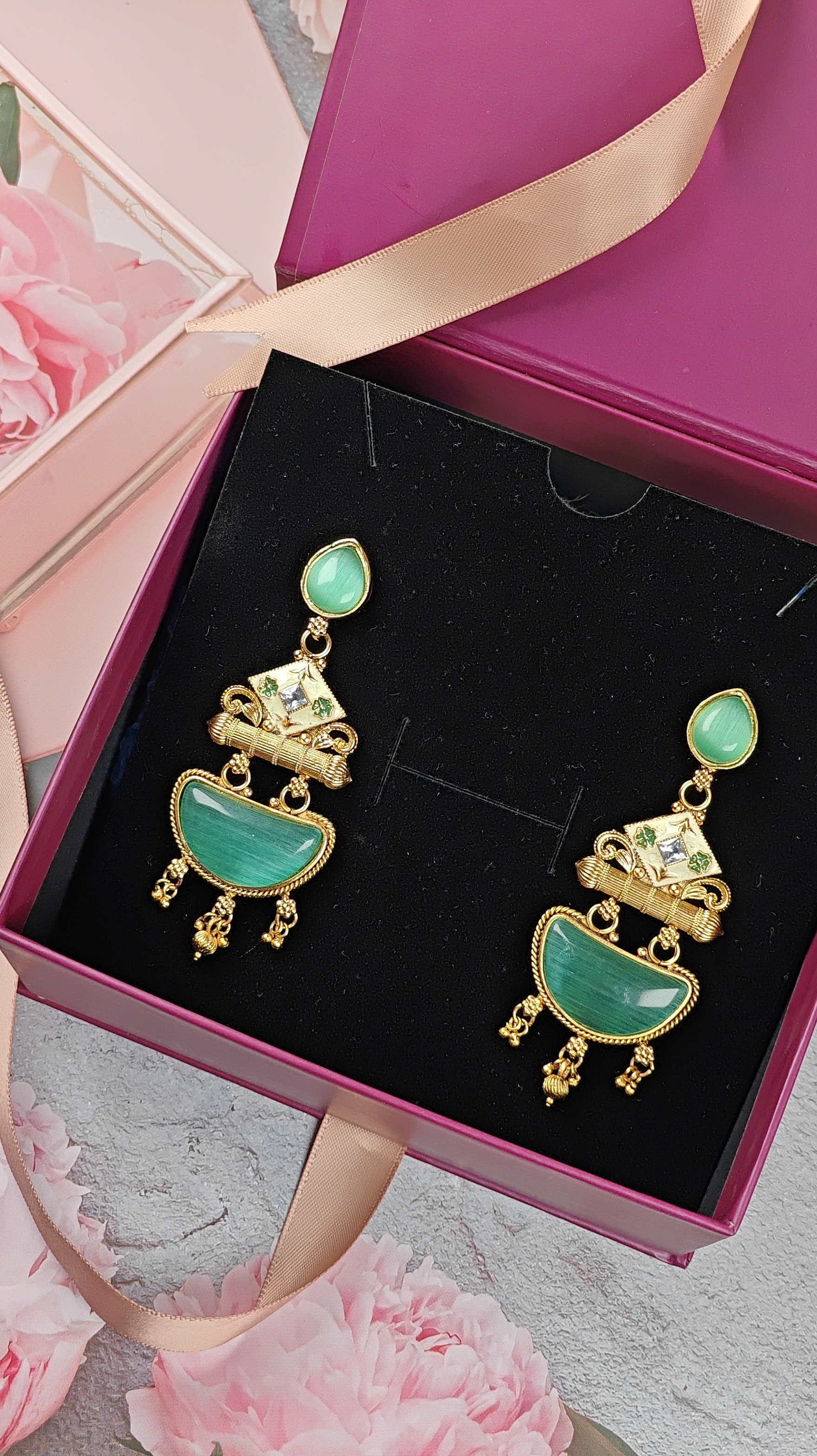 Royal Enamel Meenakari Drop Earrings in Emerald Green