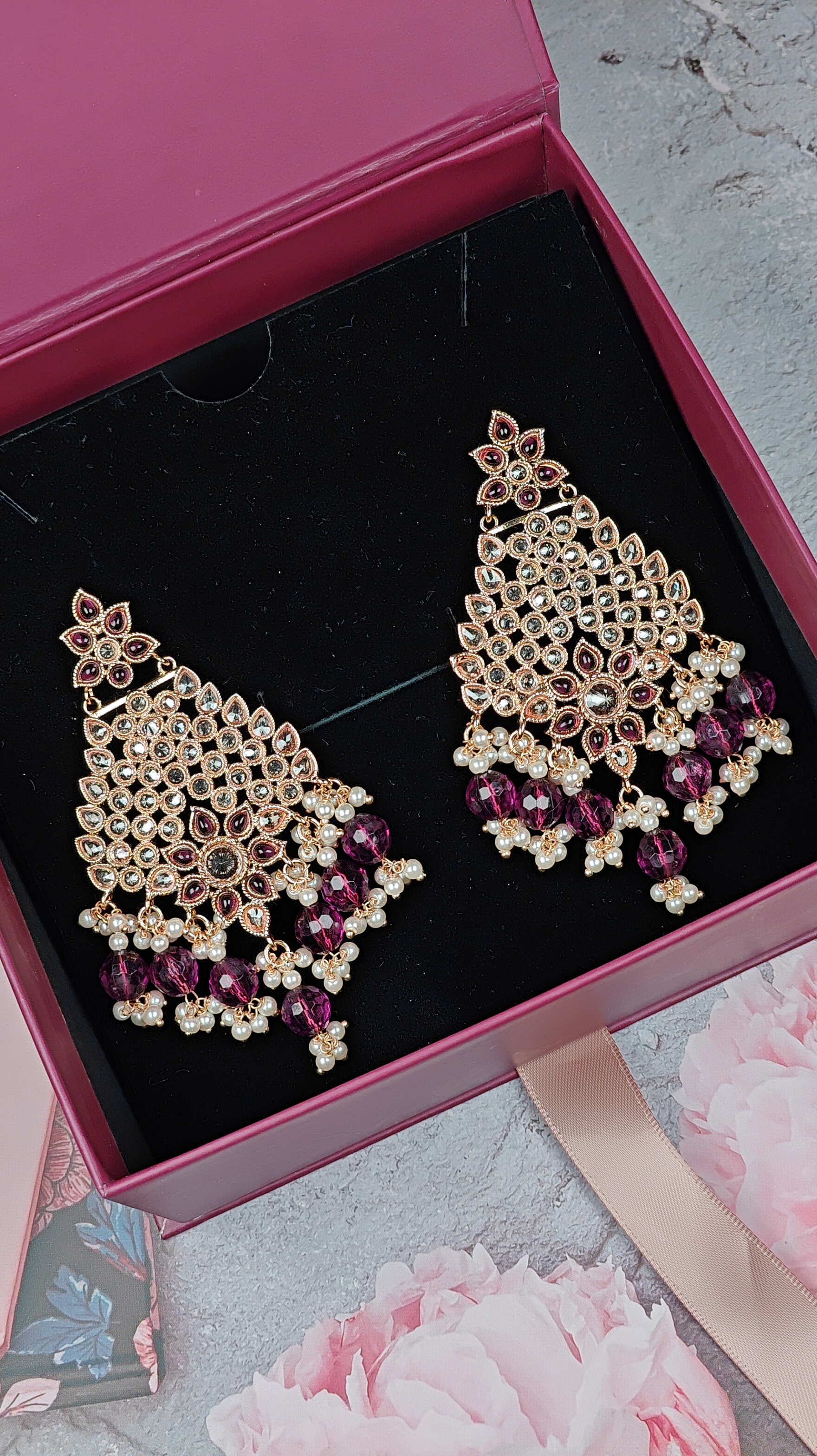 Royal Kundan Chandbali Earrings with Maroon Beads & Pearl Drops
