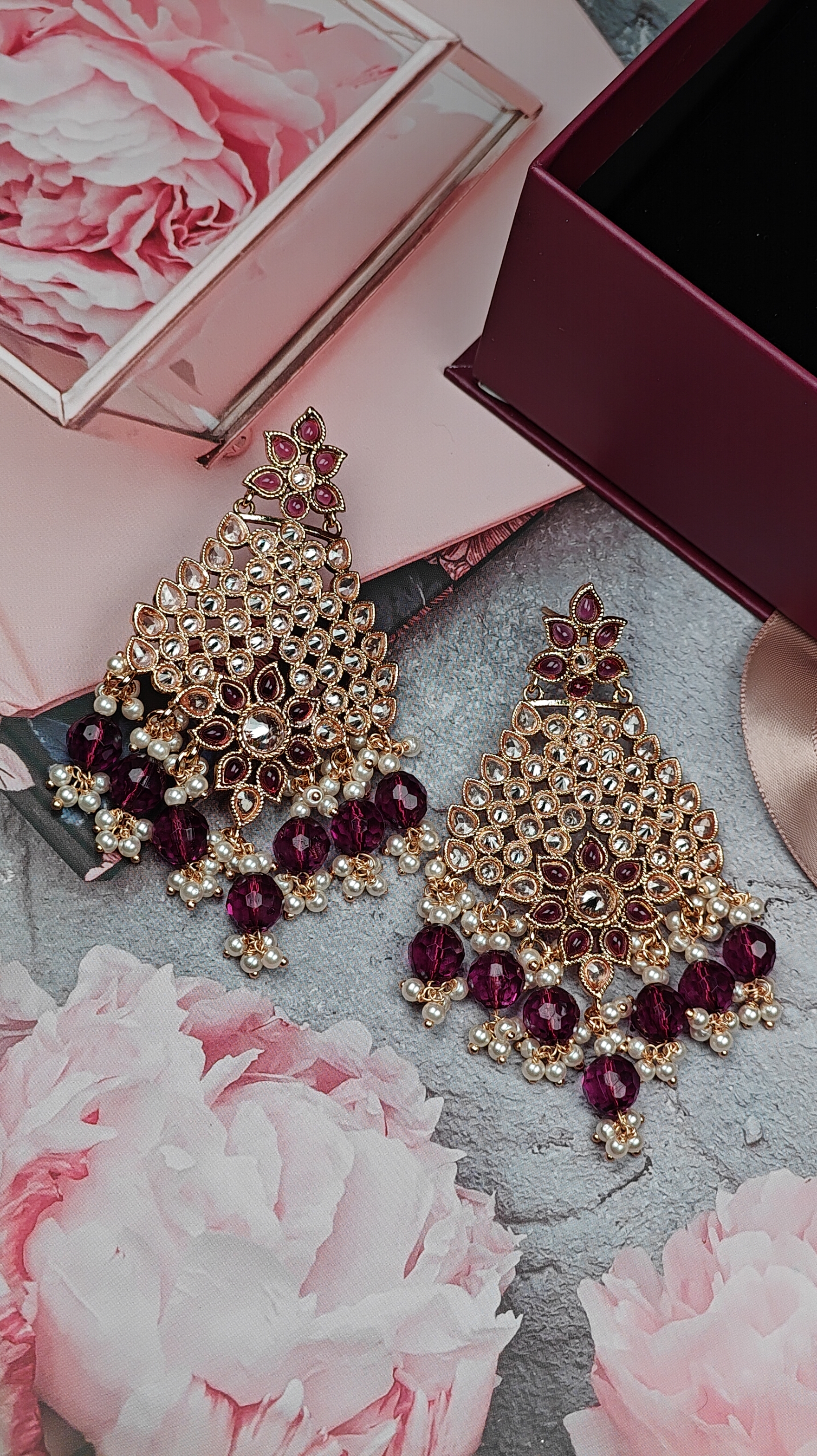 Royal Kundan Chandbali Earrings with Maroon Beads & Pearl Drops