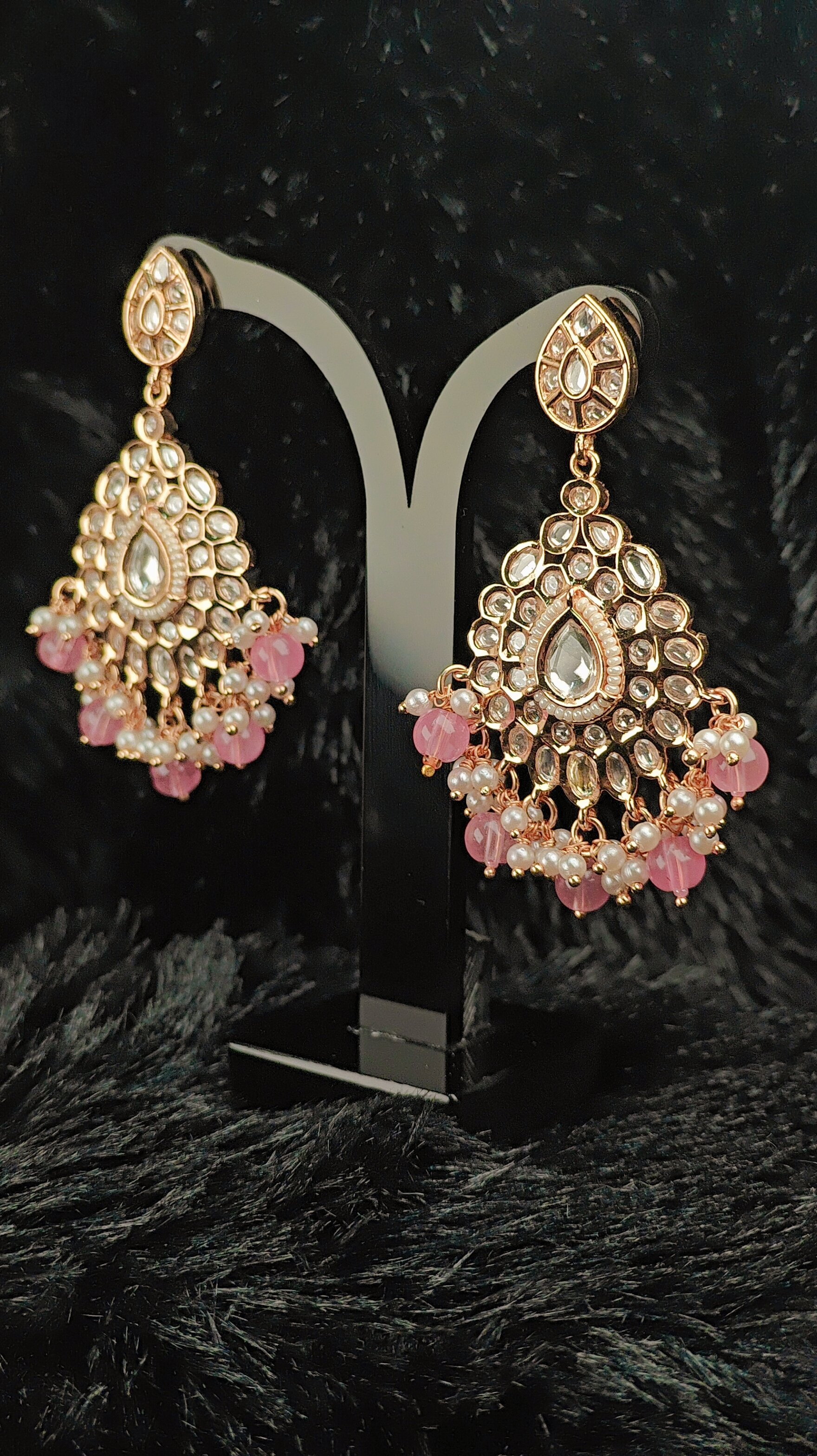 Blush Pink Kundan Drop Earrings with Pearl Clusters