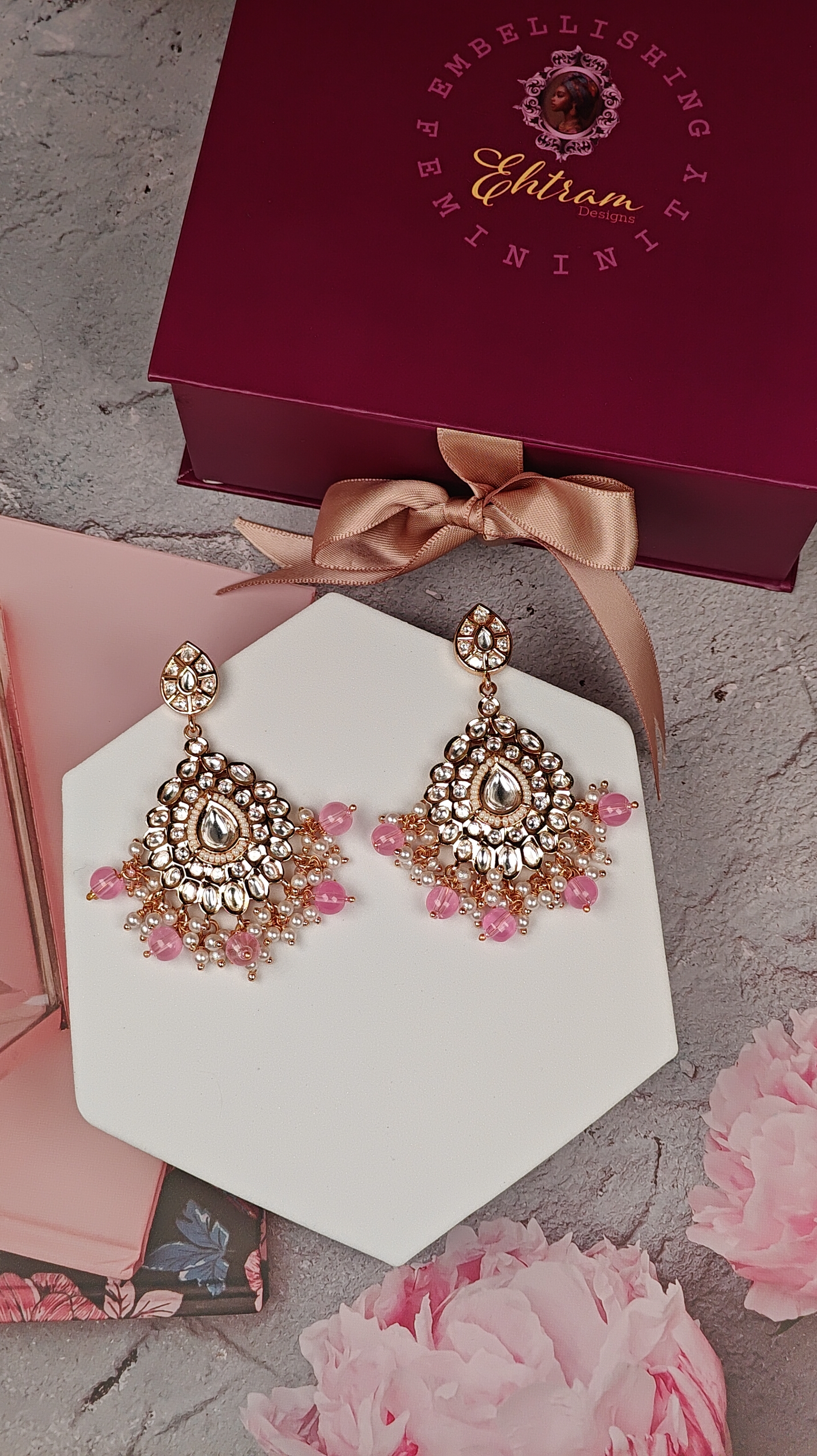 Blush Pink Kundan Drop Earrings with Pearl Clusters