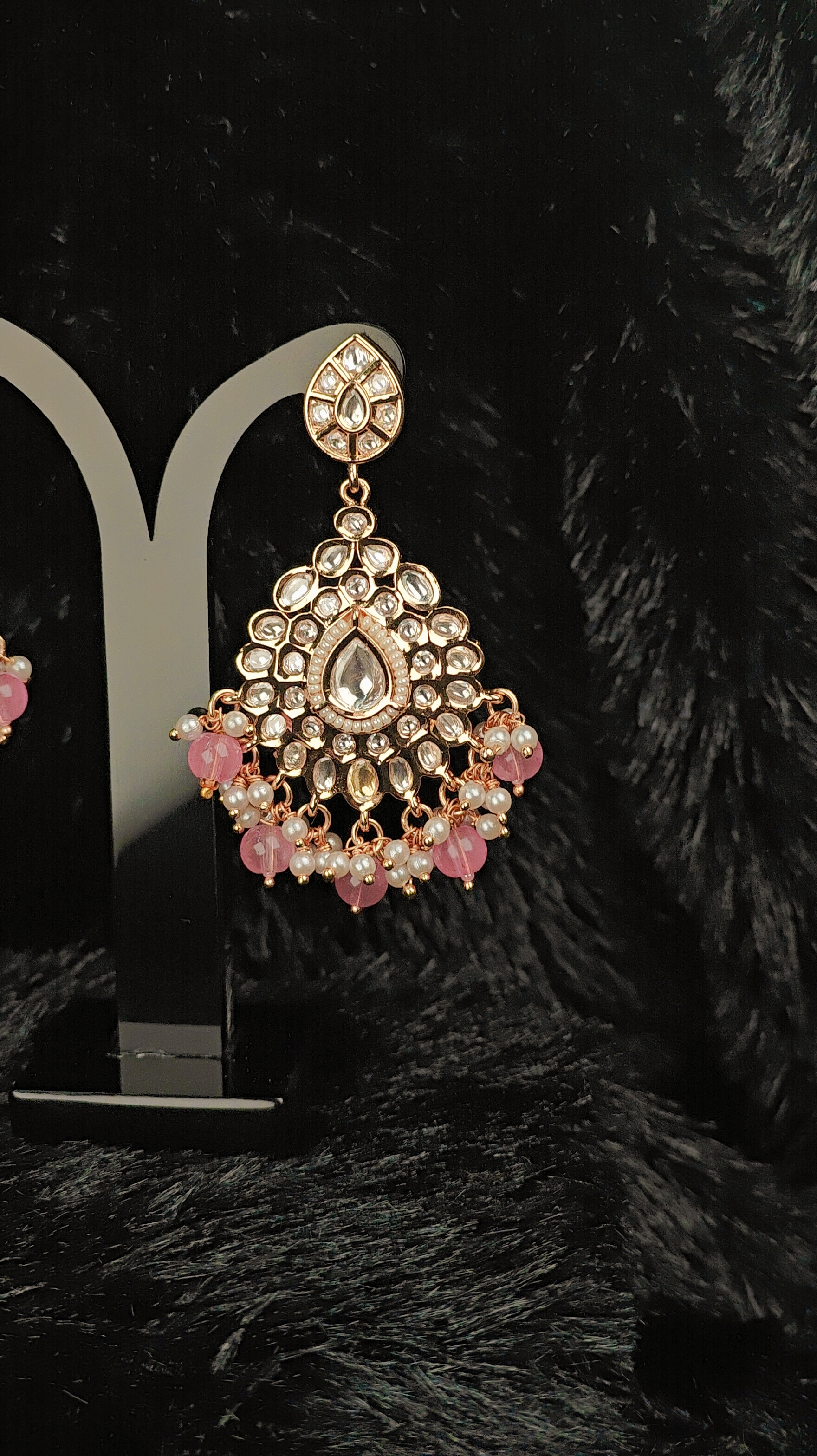 Blush Pink Kundan Drop Earrings with Pearl Clusters