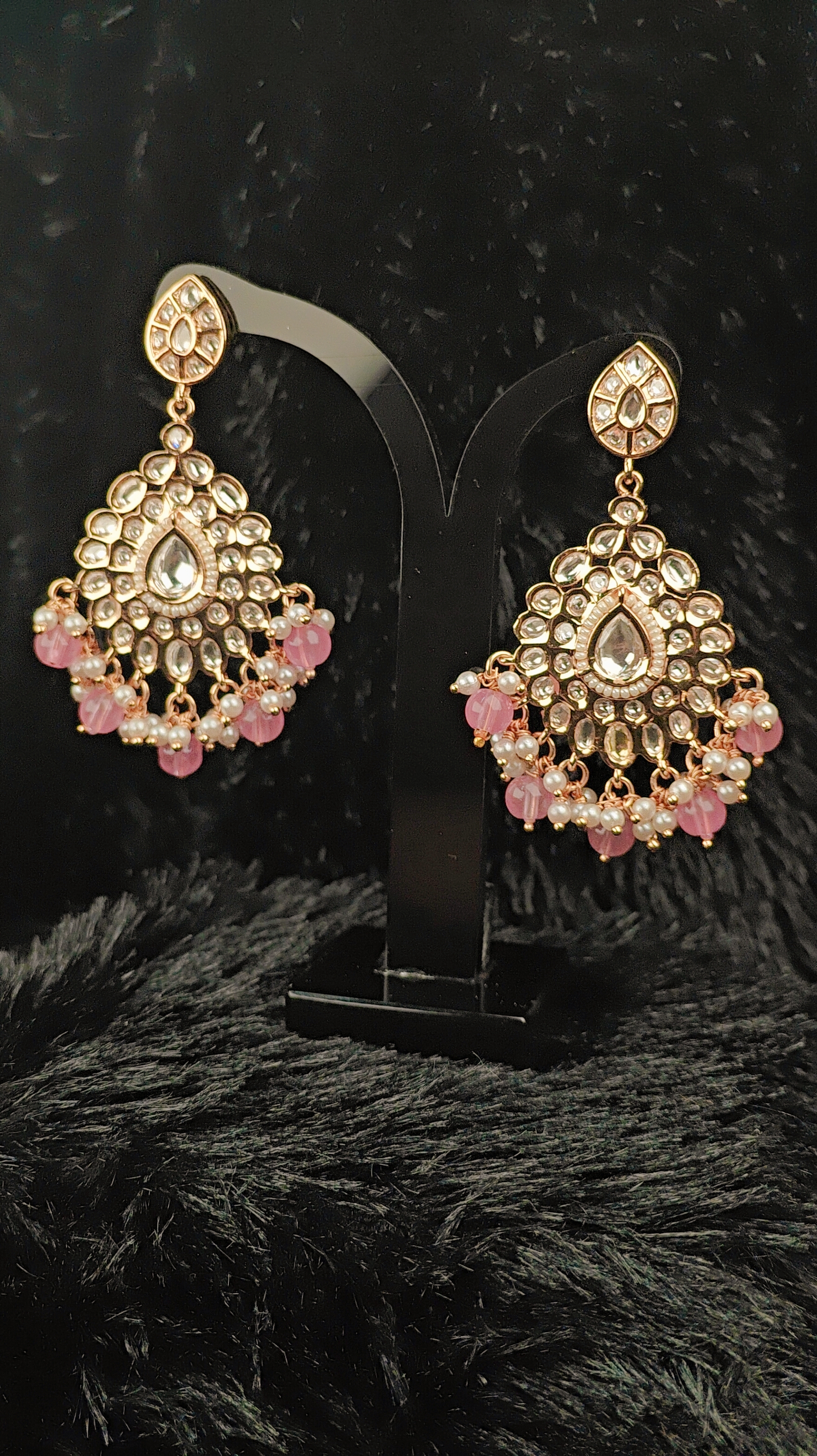 Blush Pink Kundan Drop Earrings with Pearl Clusters