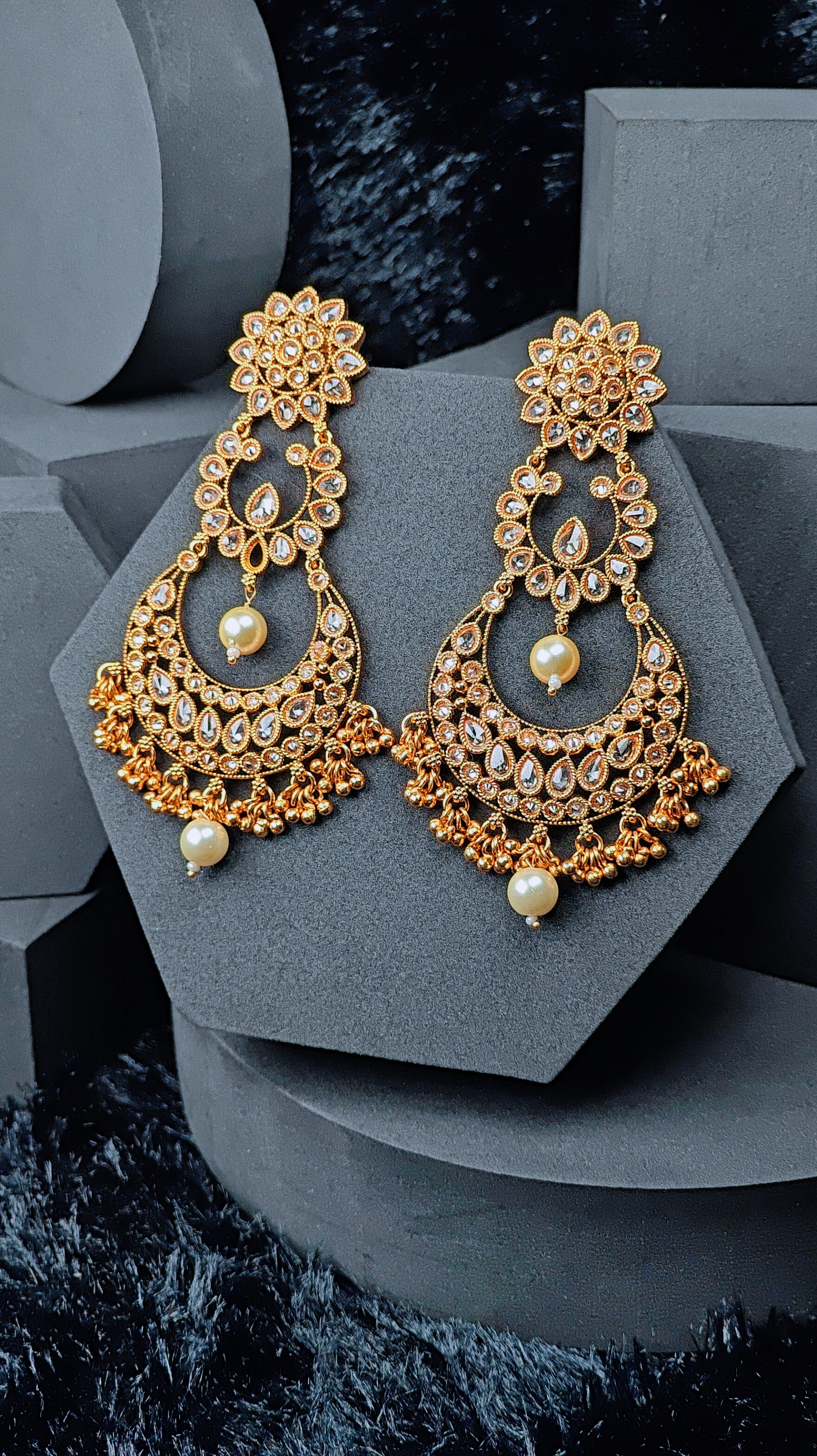 Gold Plated Kundan Chandbali Earrings with Pearl Drops