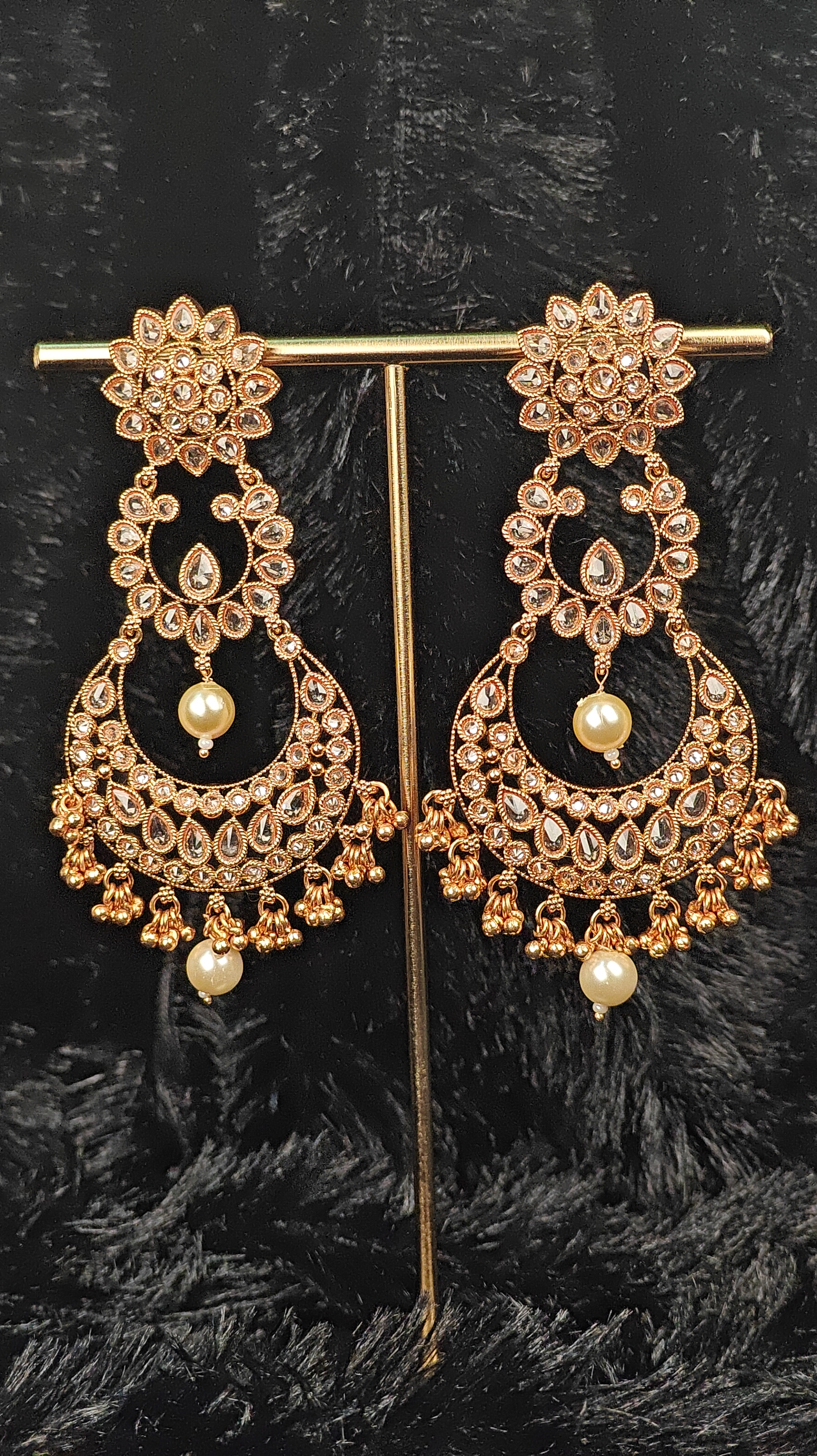Gold Plated Kundan Chandbali Earrings with Pearl Drops