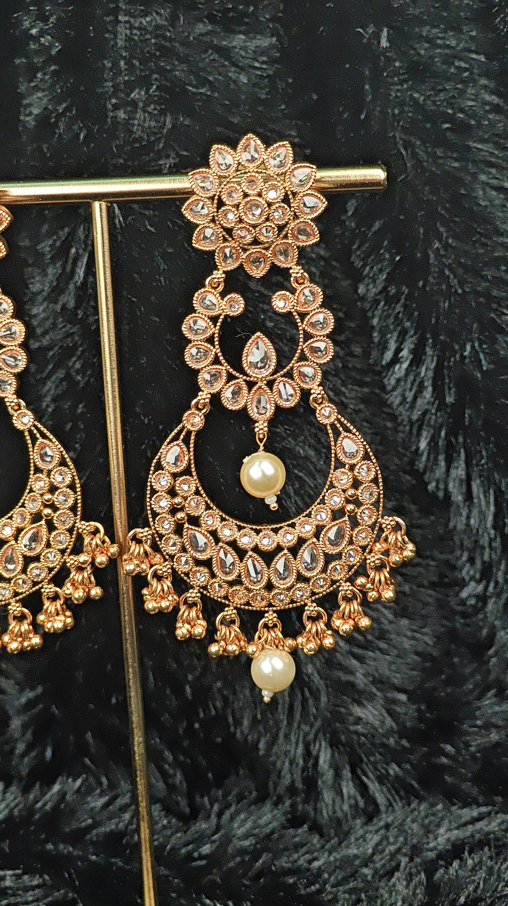 Gold Plated Kundan Chandbali Earrings with Pearl Drops