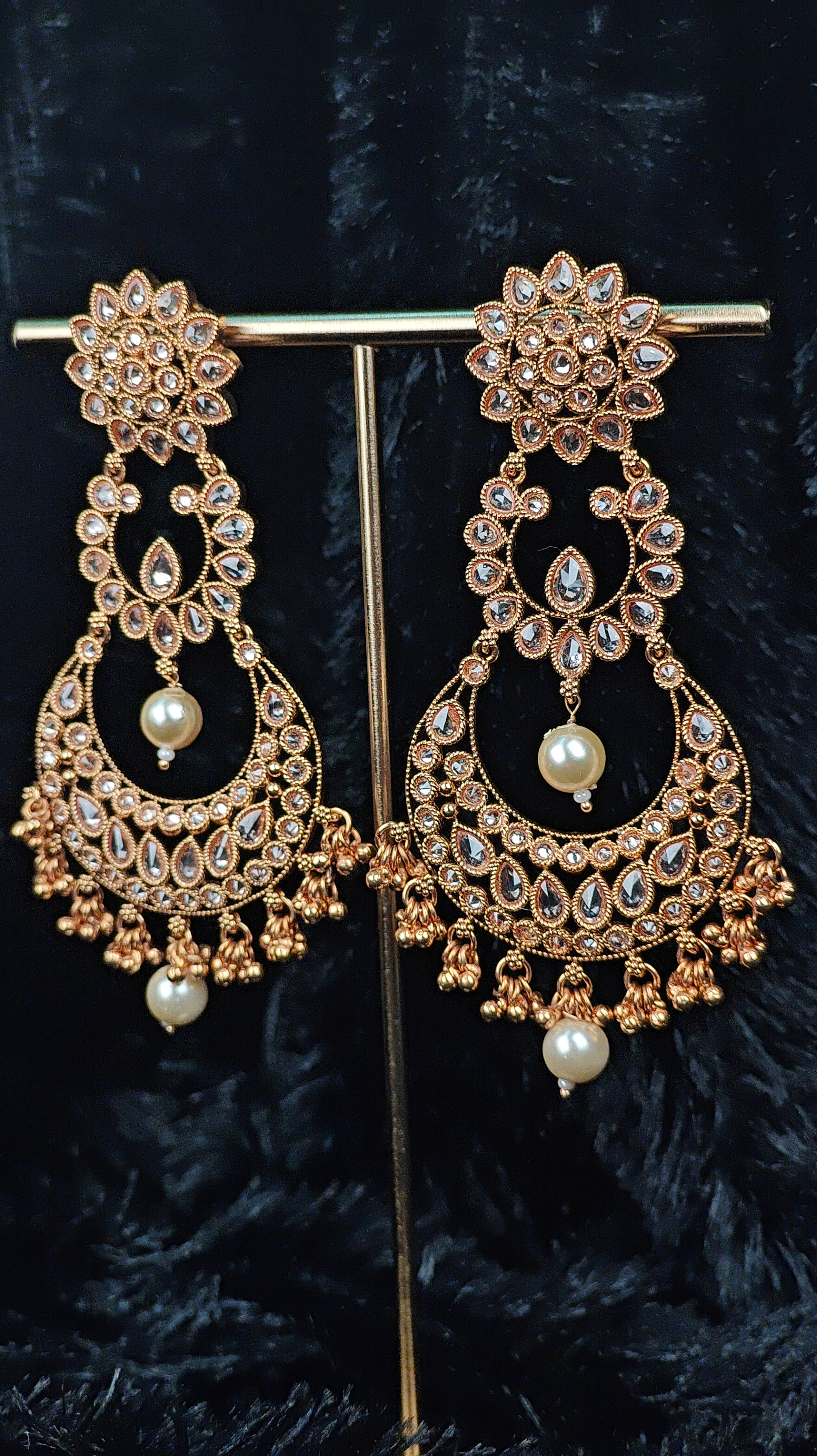 Gold Plated Kundan Chandbali Earrings with Pearl Drops