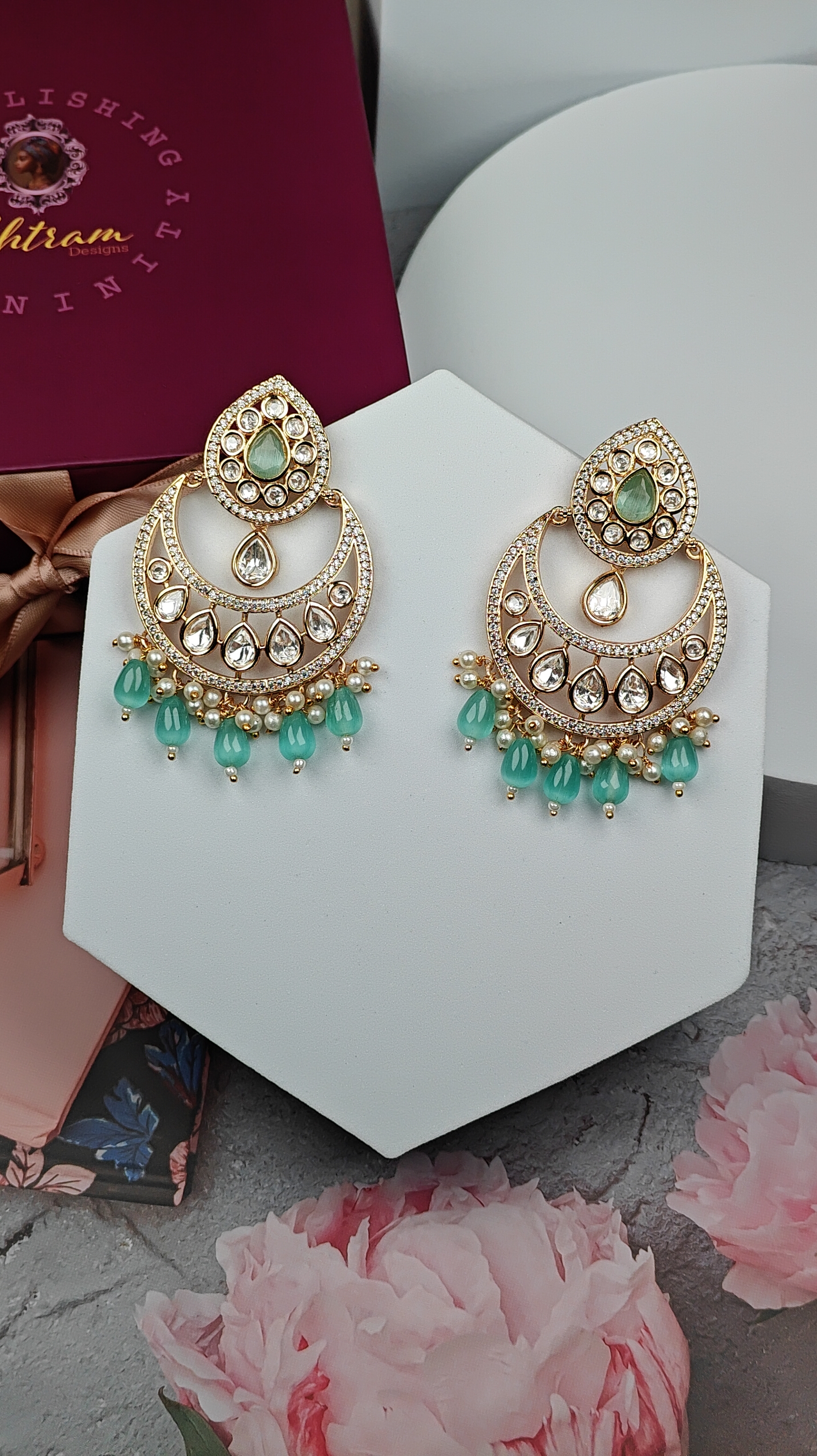 Gold-Plated Kundan Chandbali Earrings with Green Beads