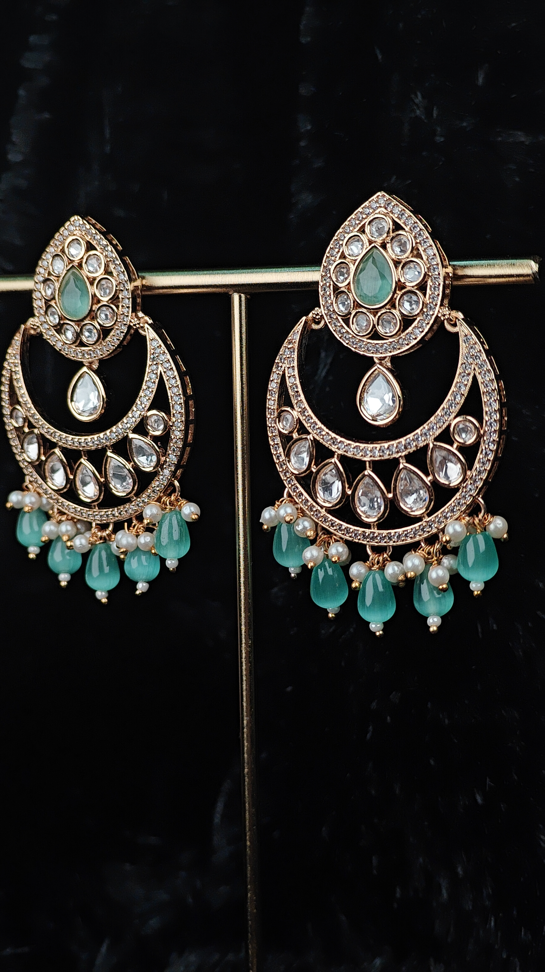 Gold-Plated Kundan Chandbali Earrings with Green Beads