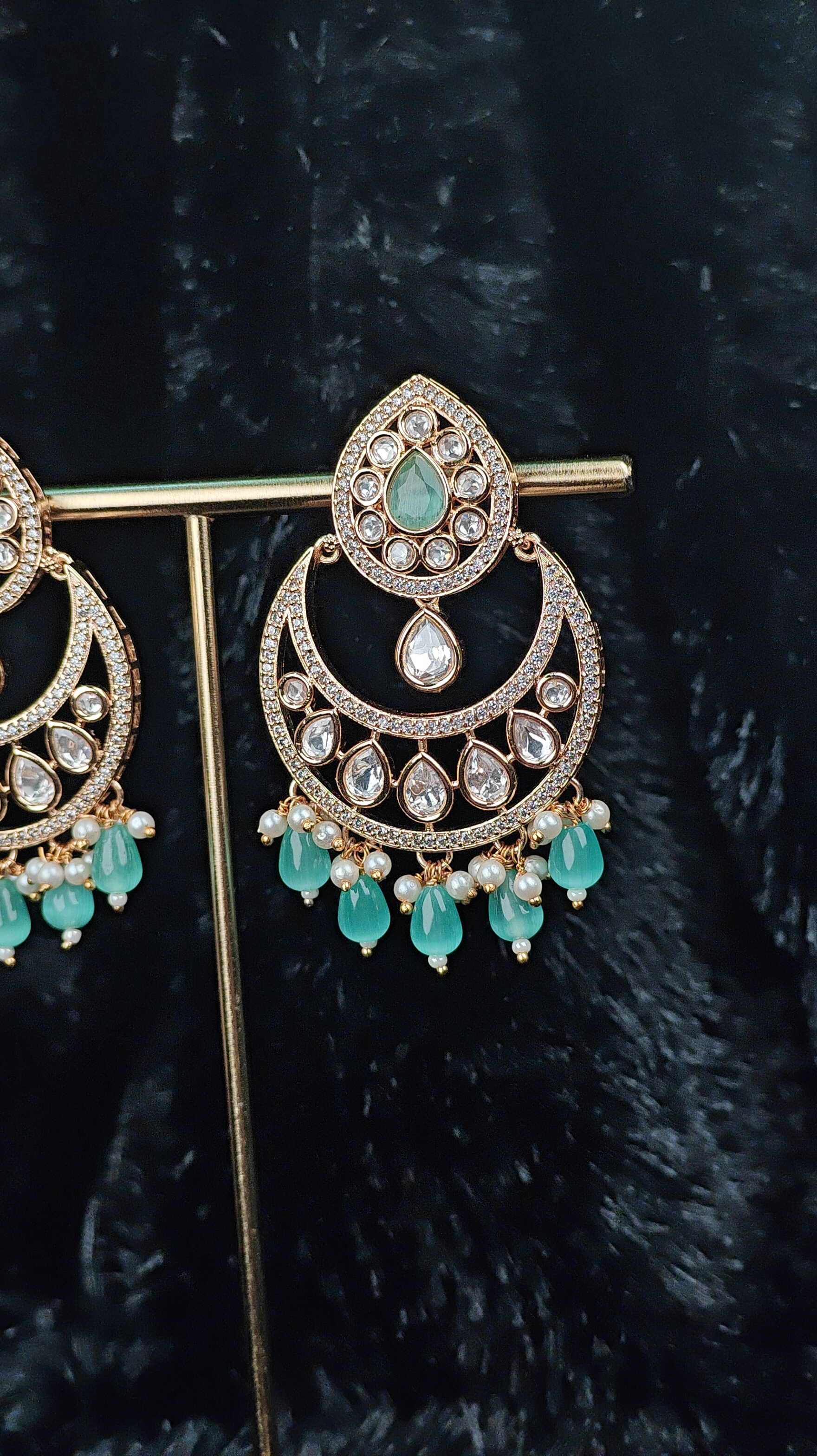 Gold-Plated Kundan Chandbali Earrings with Green Beads