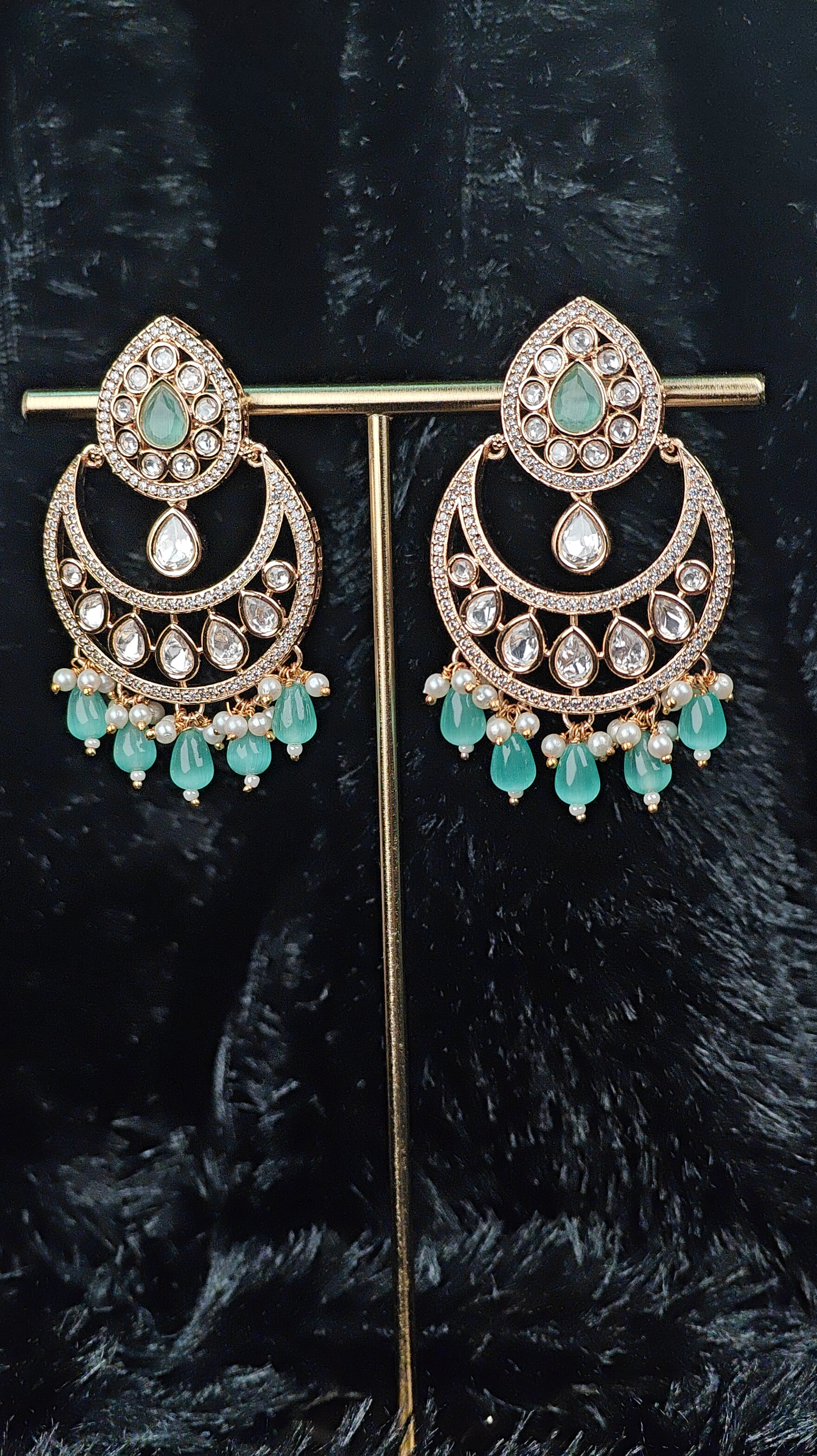 Gold-Plated Kundan Chandbali Earrings with Green Beads