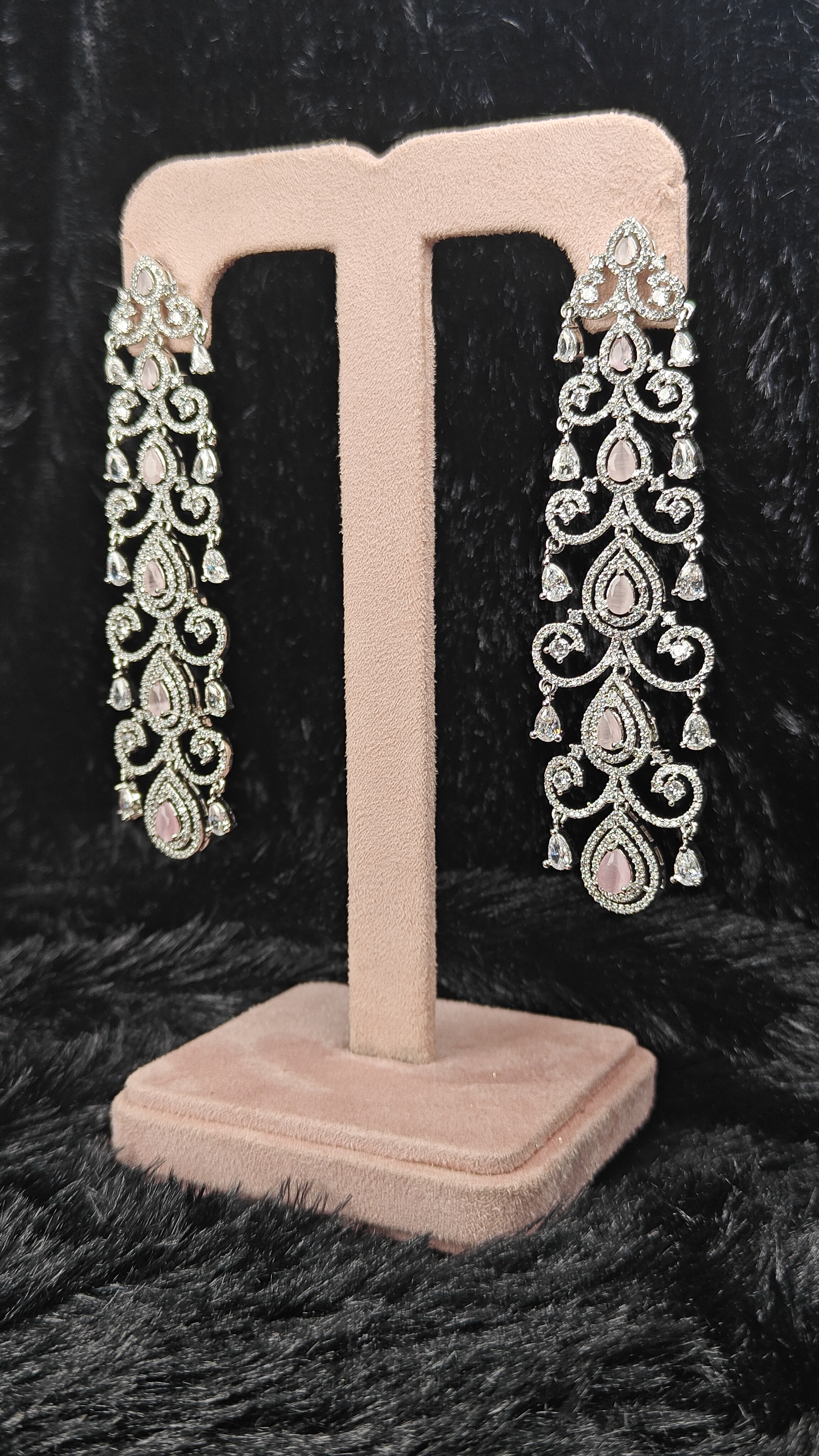 Long American Diamond Earrings with Pink Stones