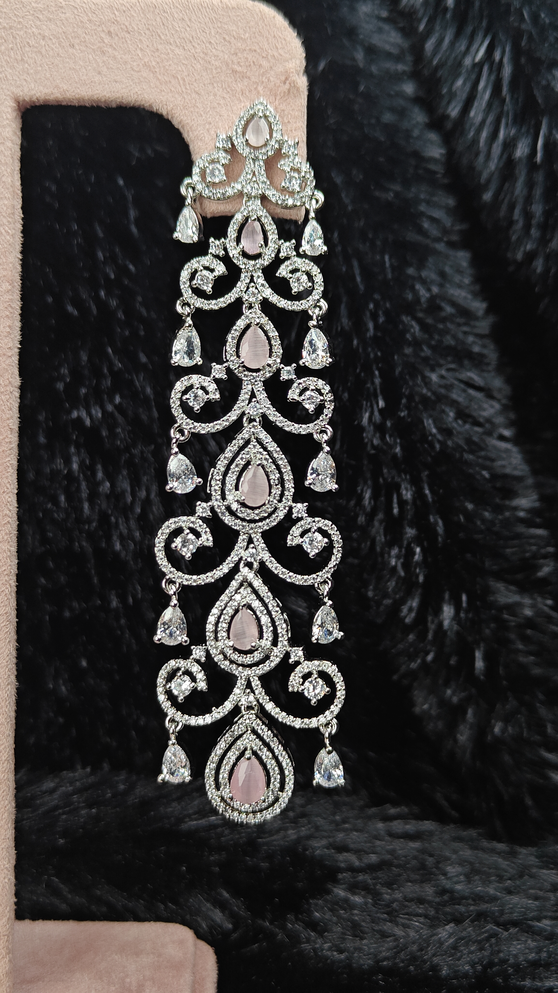 Long American Diamond Earrings with Pink Stones