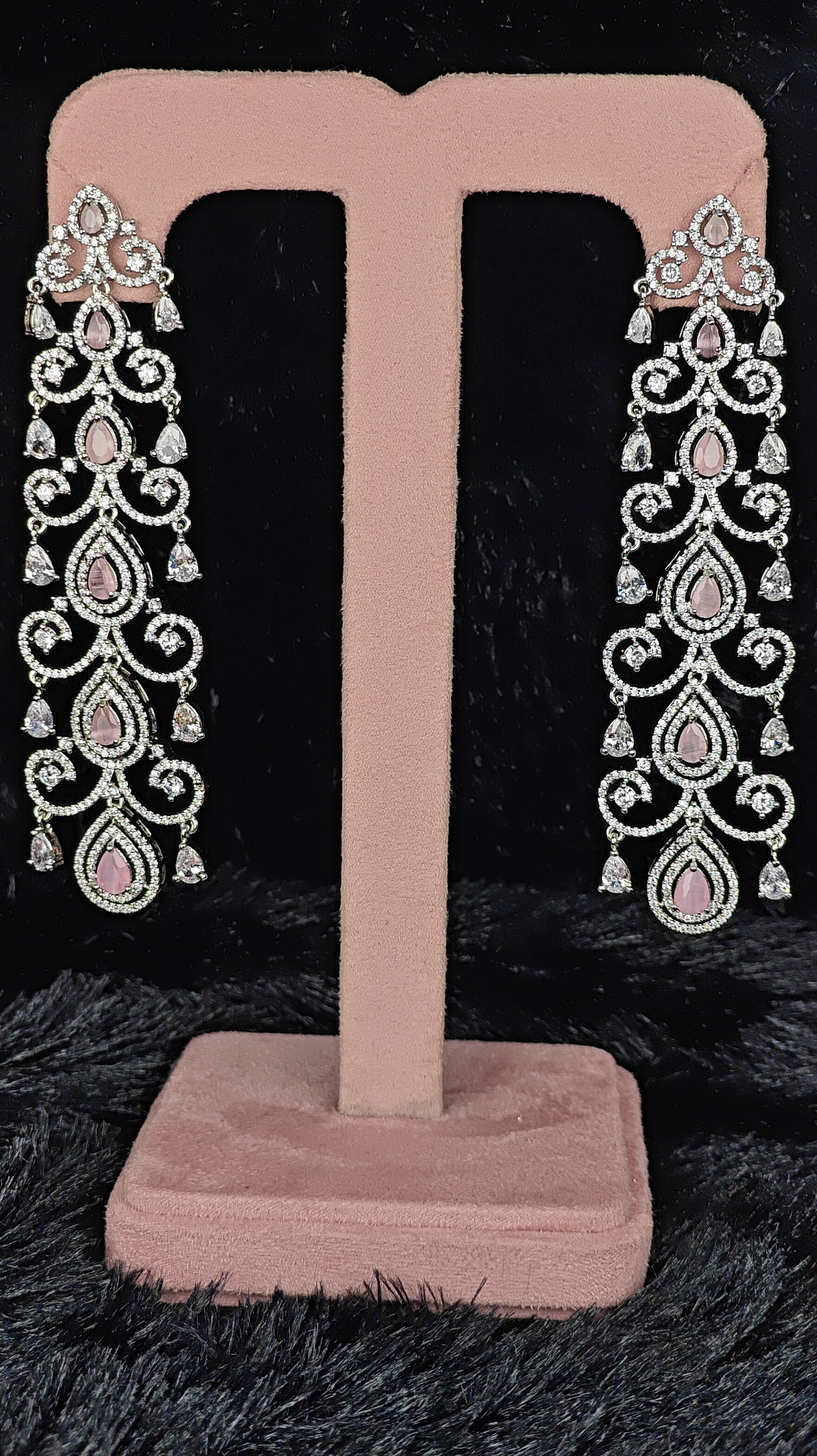 Long American Diamond Earrings with Pink Stones