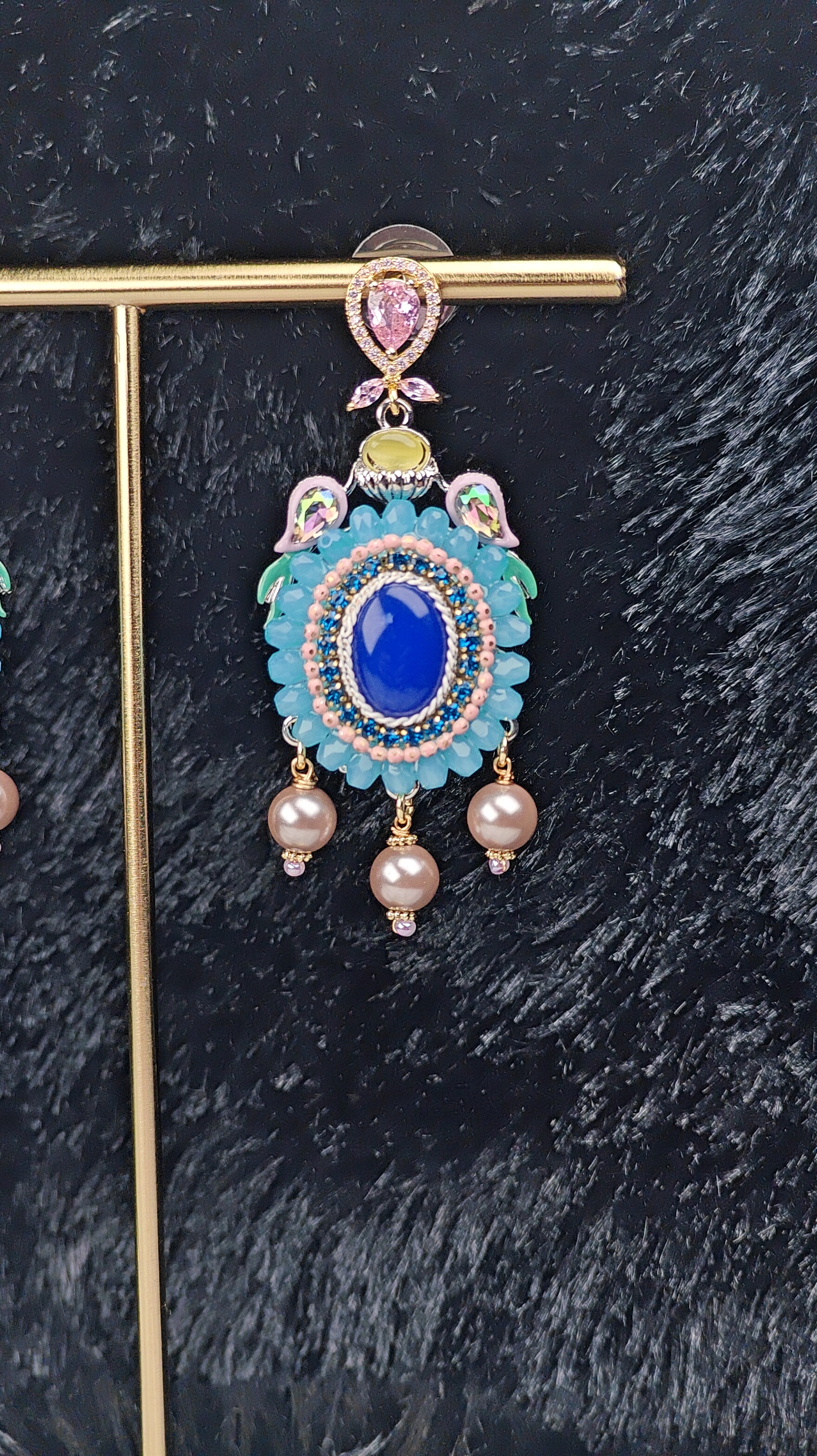 Handcrafted Multicolor Beaded Earrings with Blue Stone & Pearl Drops