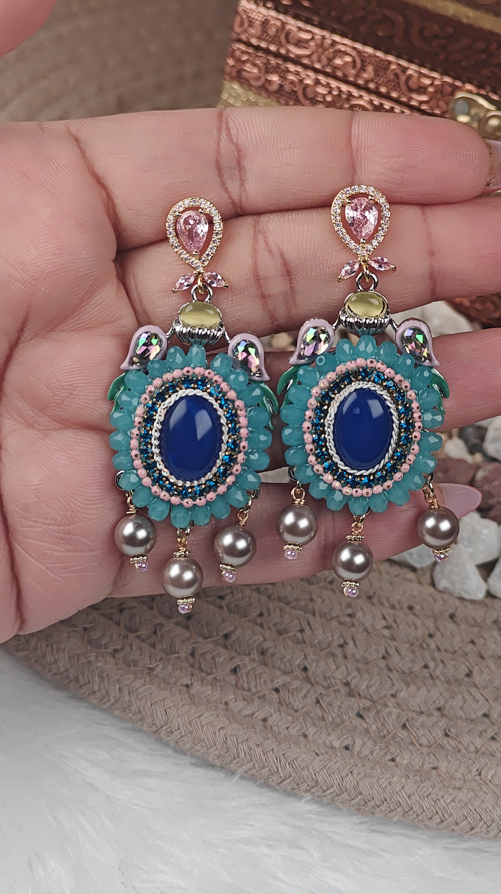Handcrafted Multicolor Beaded Earrings with Blue Stone & Pearl Drops
