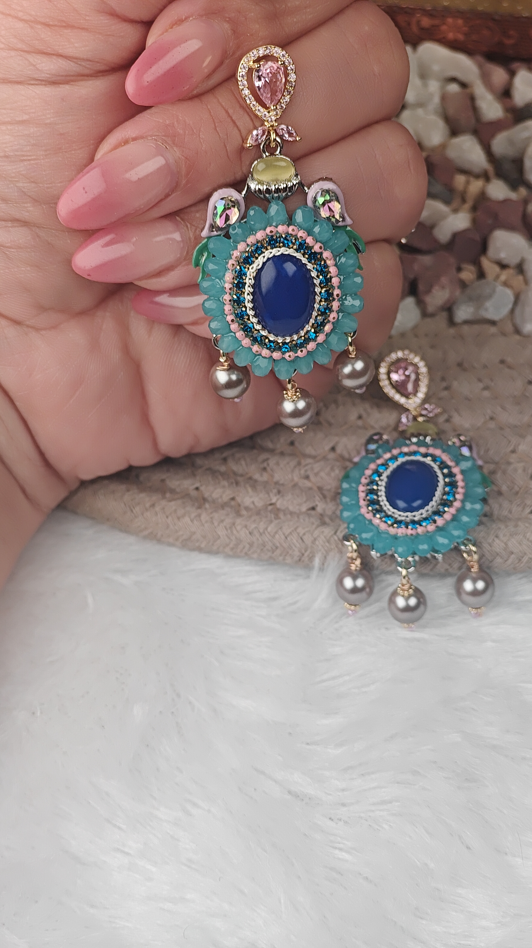 Handcrafted Multicolor Beaded Earrings with Blue Stone & Pearl Drops