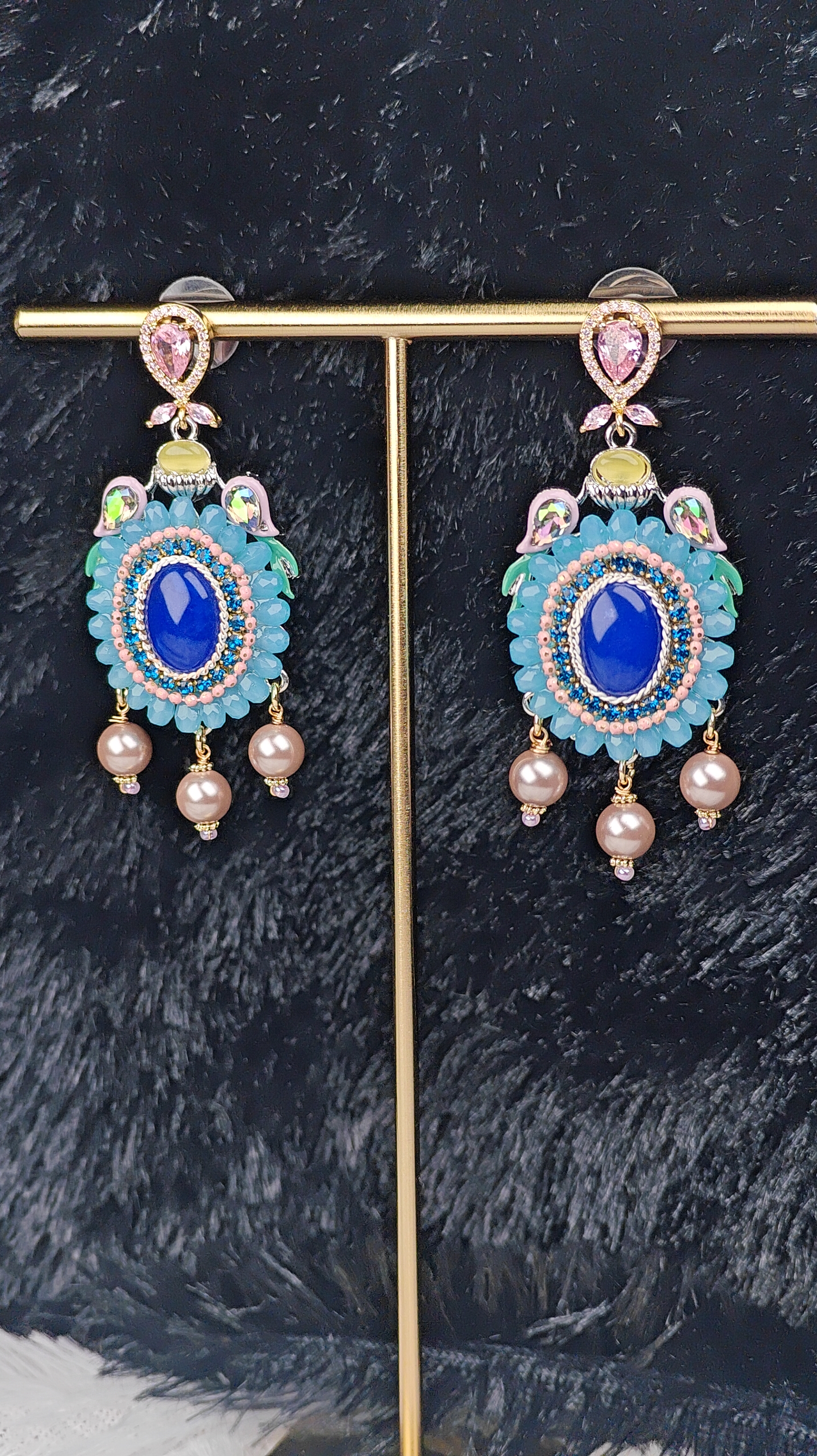 Handcrafted Multicolor Beaded Earrings with Blue Stone & Pearl Drops