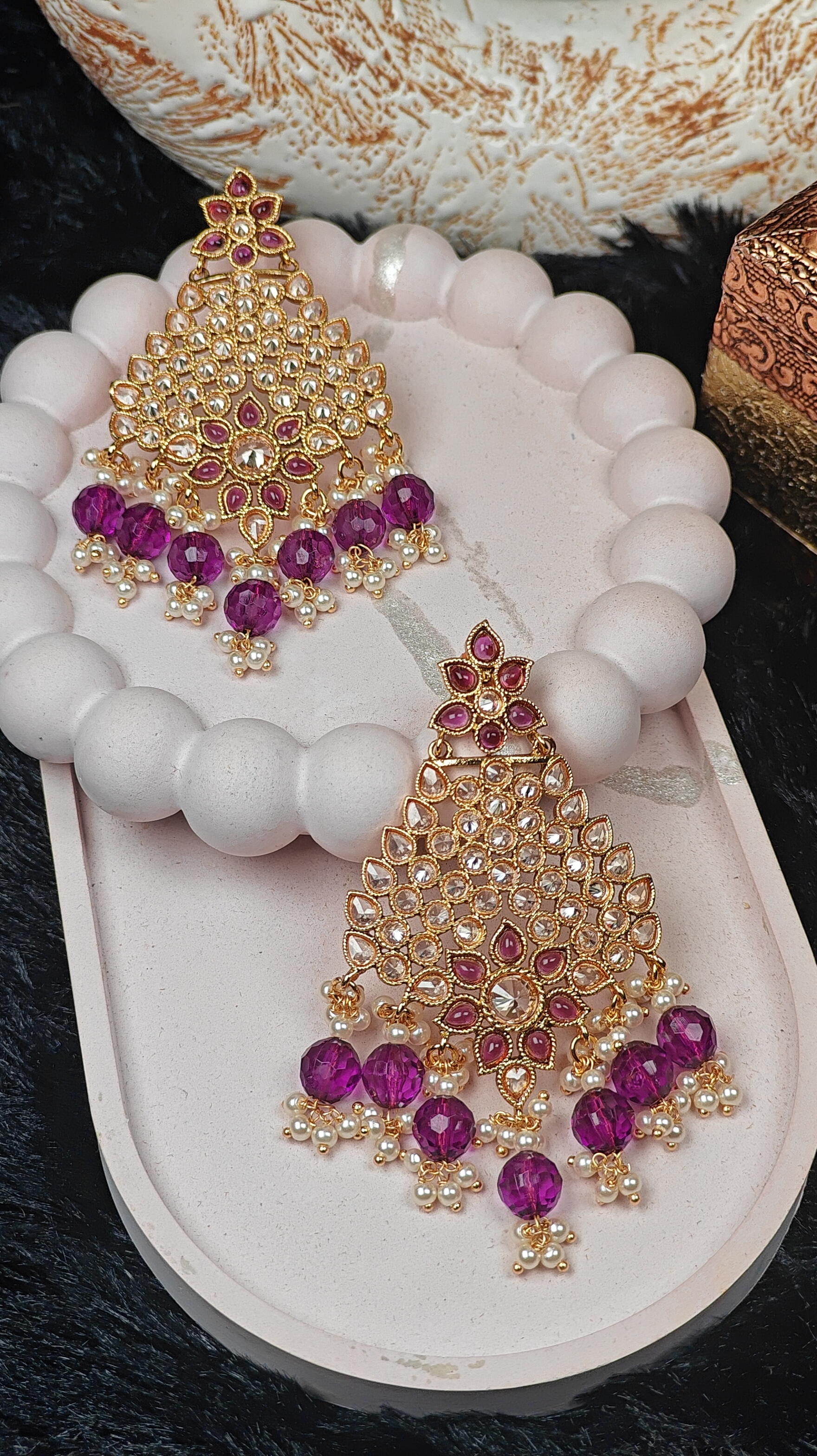 Kundan Chandbali Earrings with Rich Magenta Beads & Pearl Detailing