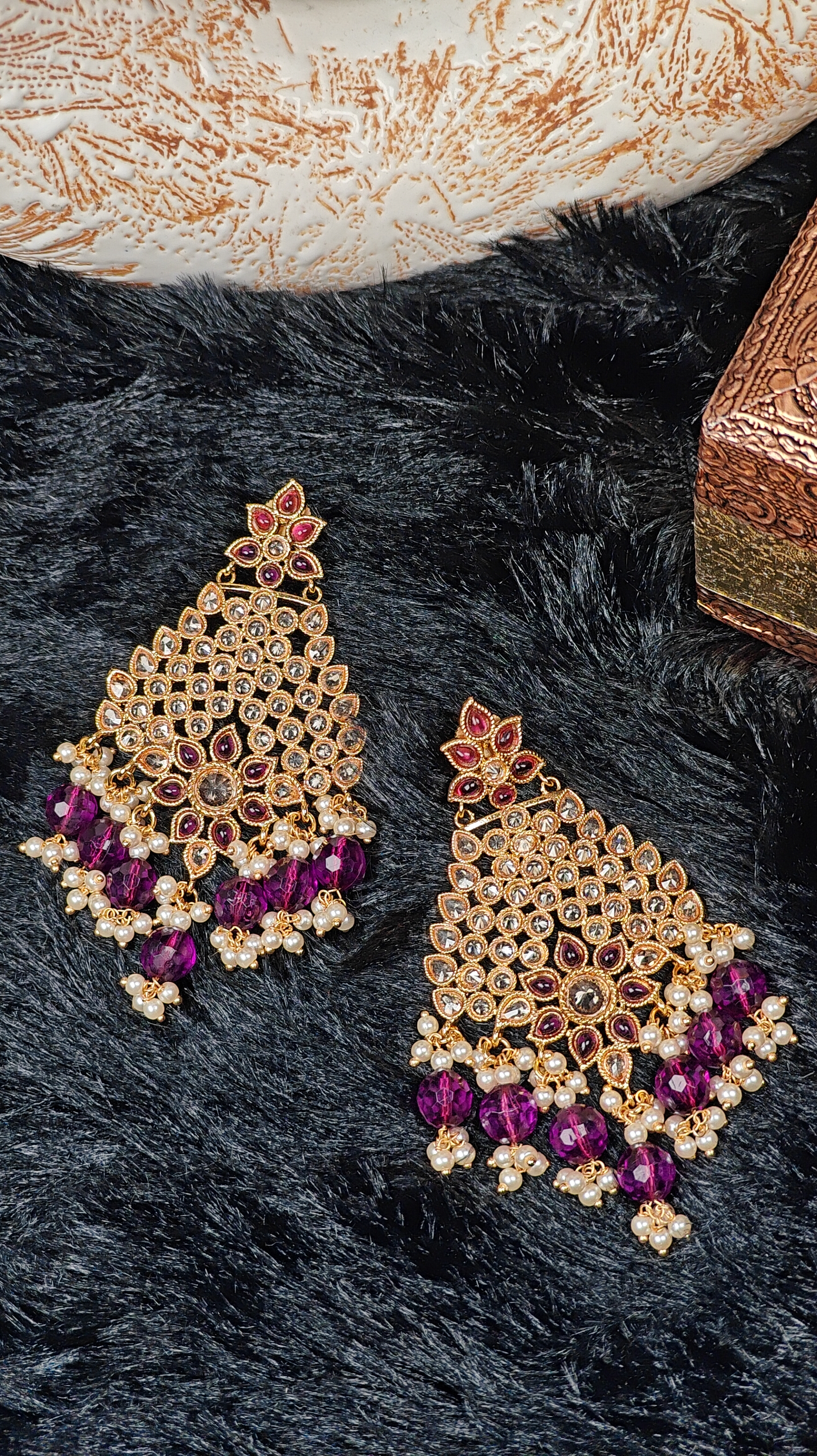 Kundan Chandbali Earrings with Rich Magenta Beads & Pearl Detailing