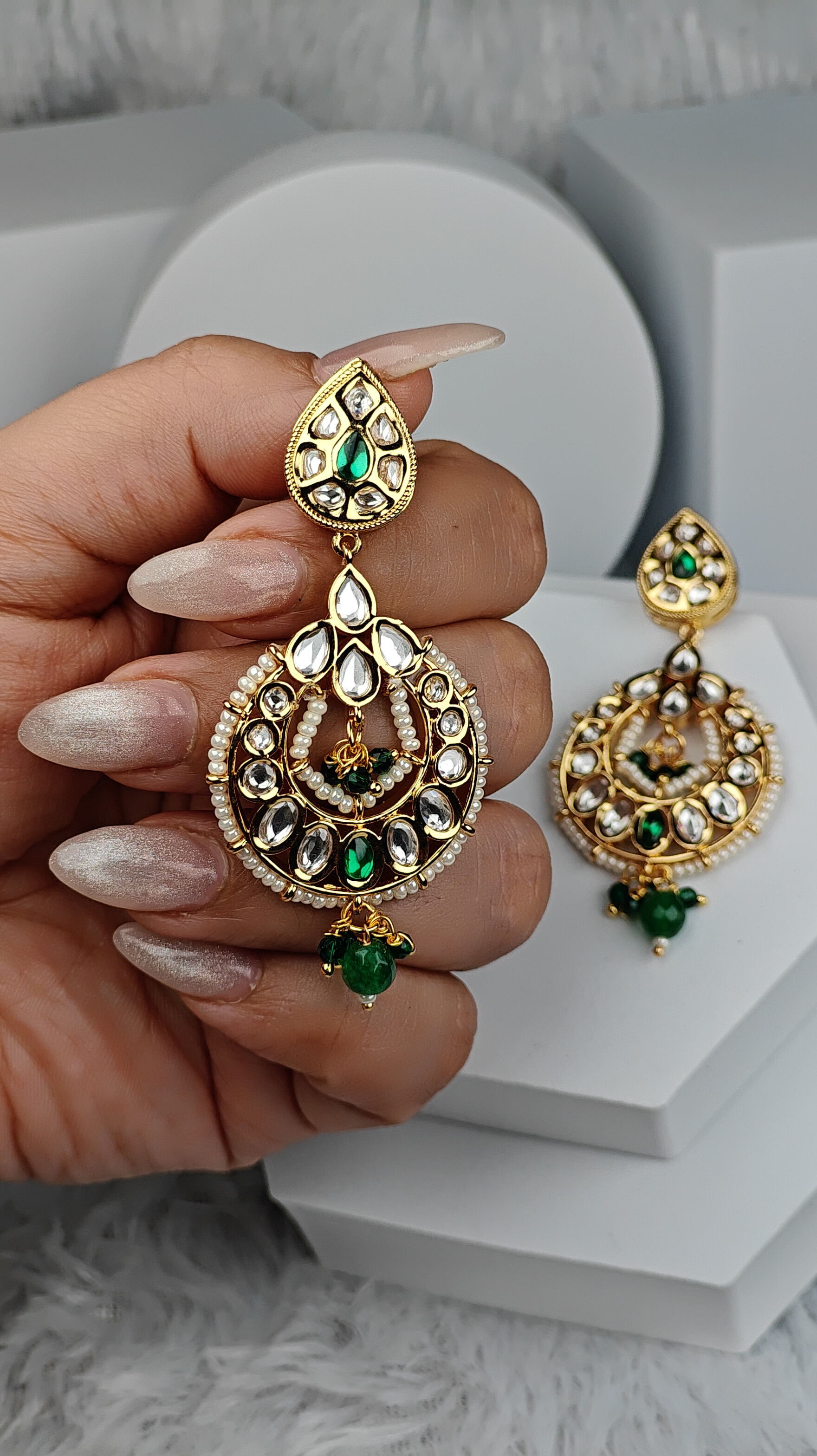 Emerald Teardrop Kundan Chandbalis with Pearl Detailing