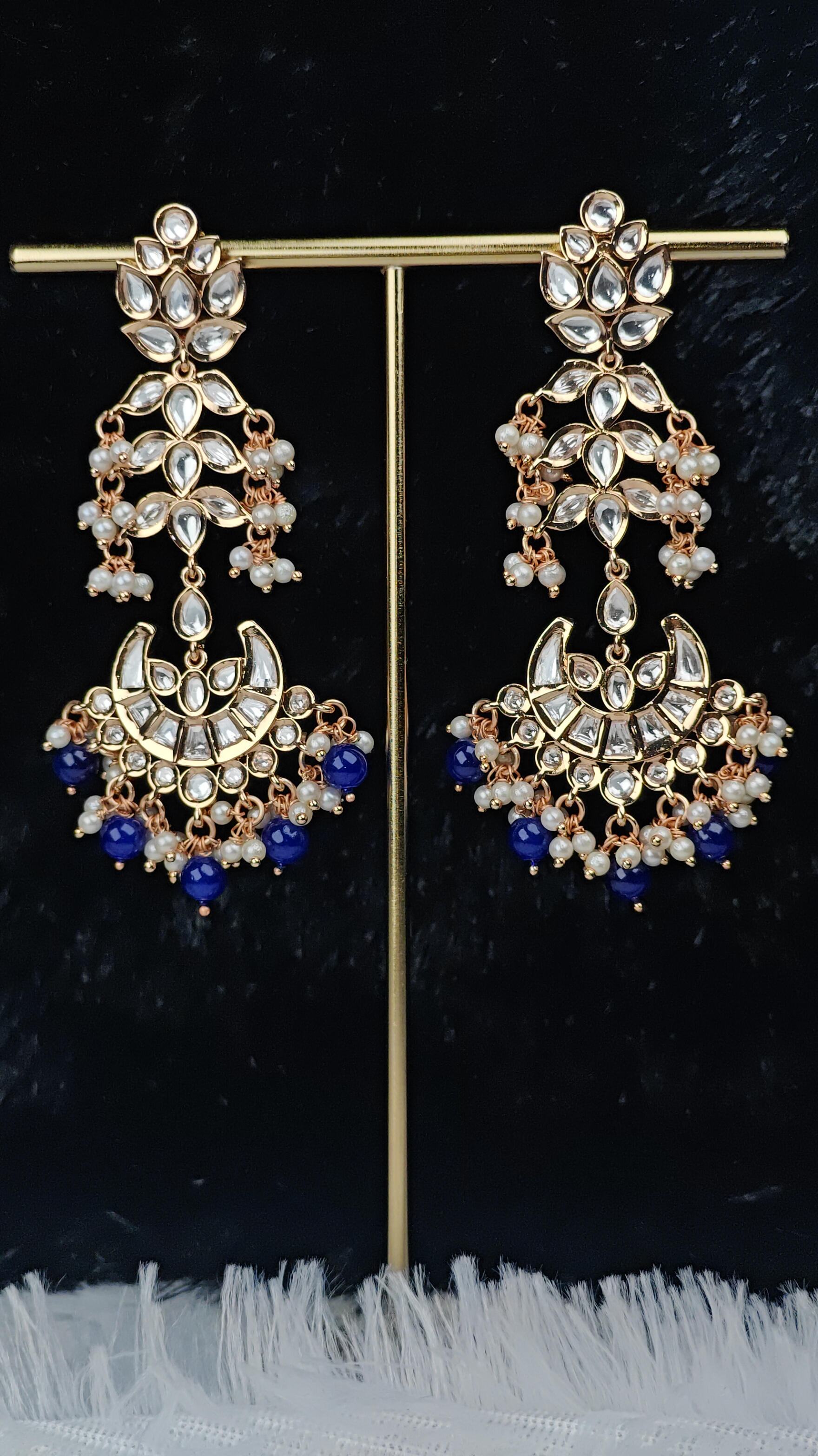Royal Blue Pearl Kundan Chandbali Earrings