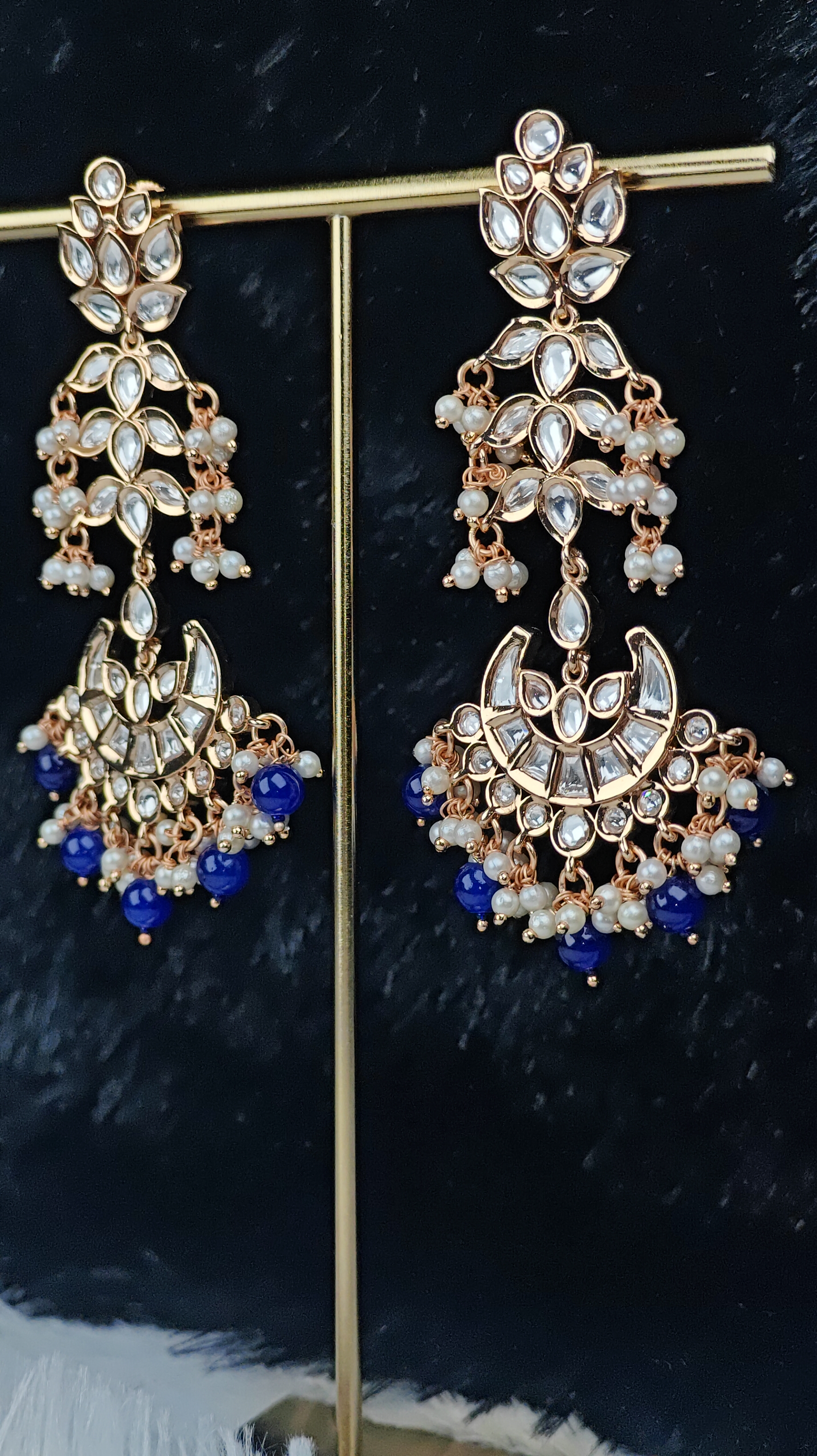 Royal Blue Pearl Kundan Chandbali Earrings