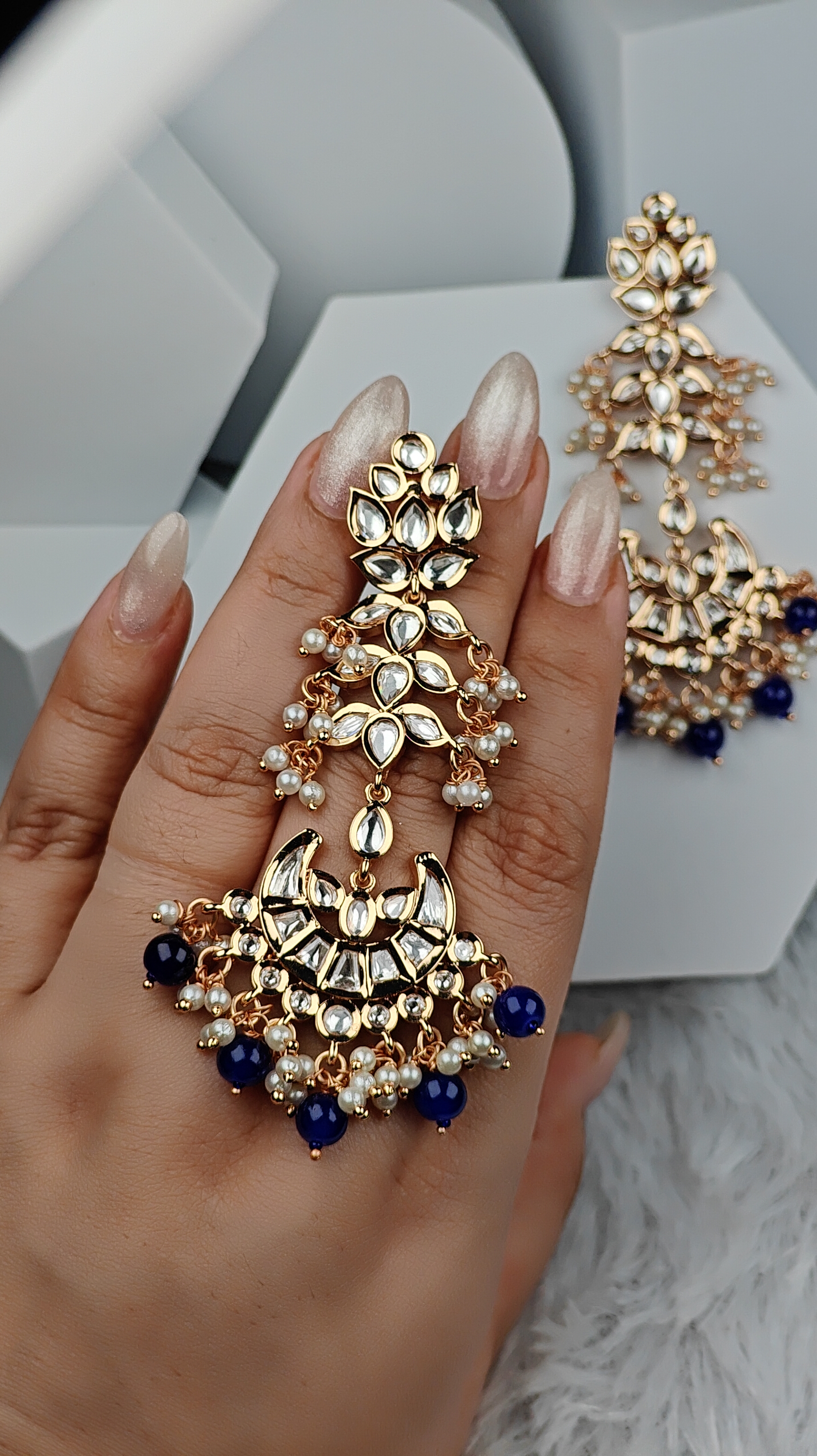 Royal Blue Pearl Kundan Chandbali Earrings