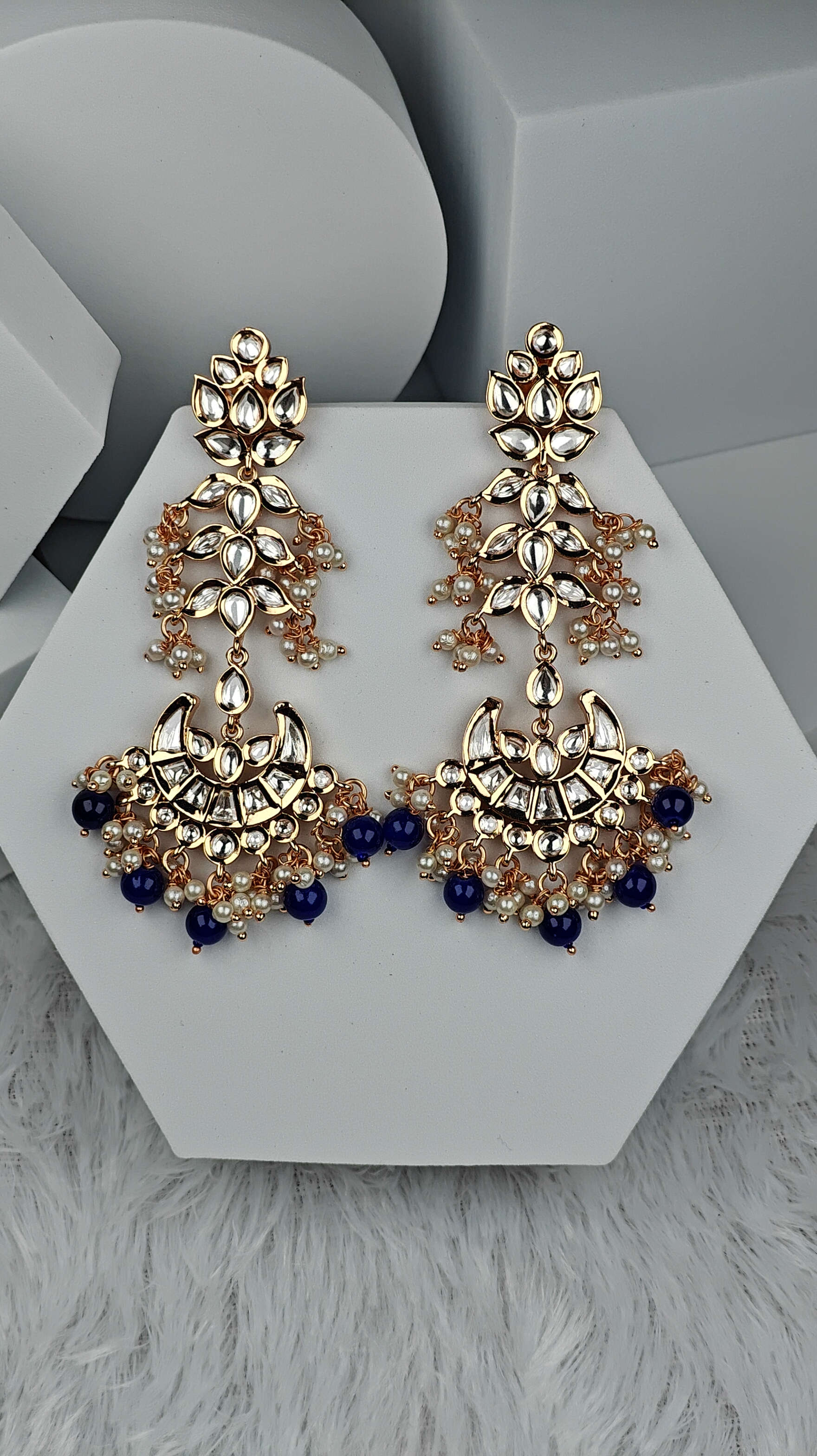Royal Blue Pearl Kundan Chandbali Earrings