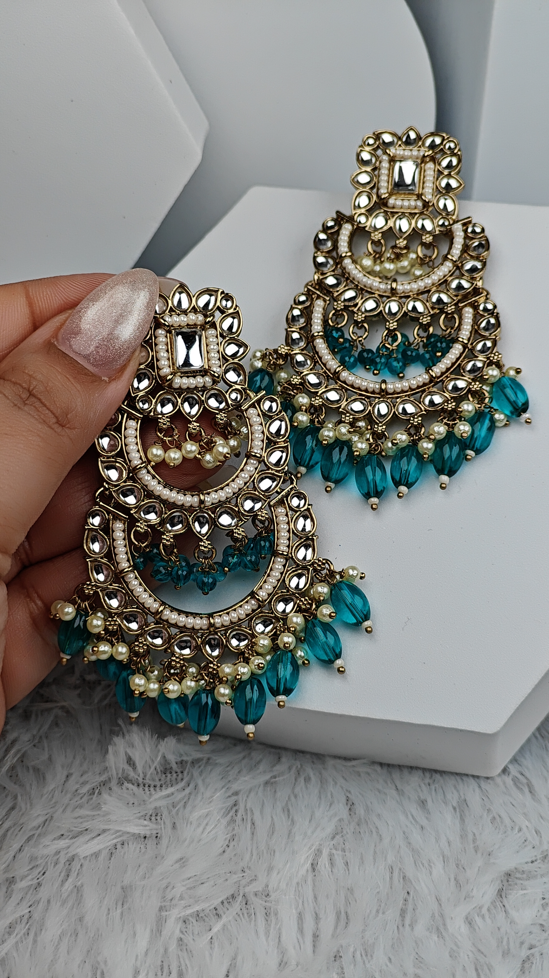 Elegant Aqua Green Chandbali Earrings with Pearl Detailing